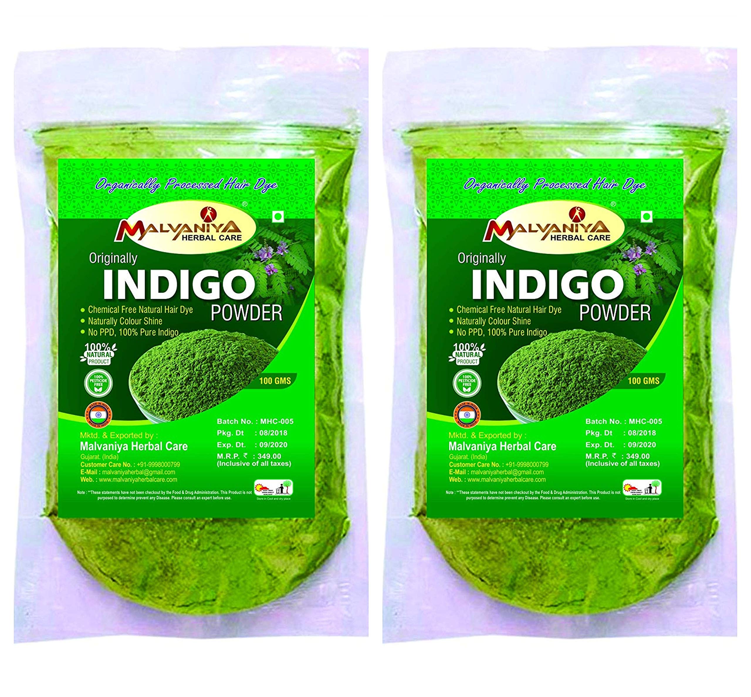 Organic Malvaniya Herbal Indigo Powder for Natural Hair & Beard Dye - 100% Pure Black Color (Pack of 2 x 100g, Total 200g) - Safe Chemical-Free Gray Coverage for Men & Women at Home