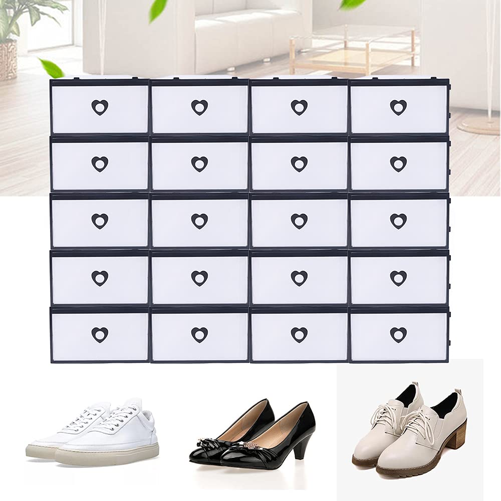 20 Pack Clear Plastic Stackable Shoe Storage Boxes - Foldable Front Opening Drawer Organizer Bins for Sneakers & Shoes | Perfect for Closet, Bedroom & Entryway Organization