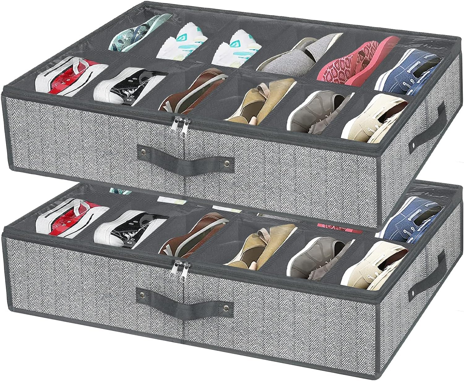 Under Bed Shoe Storage Organizer - Set of 2 Clear View Shoe Boxes Holds 24 Pairs | Space Saving Closet Organization for Sneakers, Heels & Boots | Sturdy Plastic Underbed Storage Containers (29.3