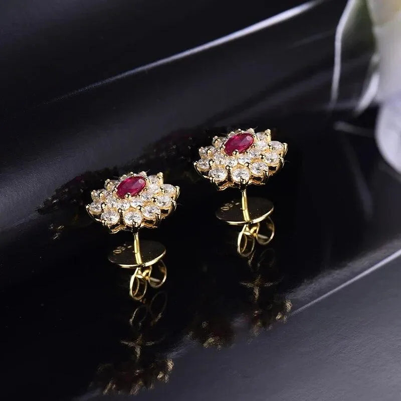 18K Yellow Gold Stud Ruby Earrings for Women - 1.64Ct Oval Natural Ruby with Diamonds, Elegant Engagement & Party Jewelry | Perfect for Weddings, Anniversaries, and Special Occasions