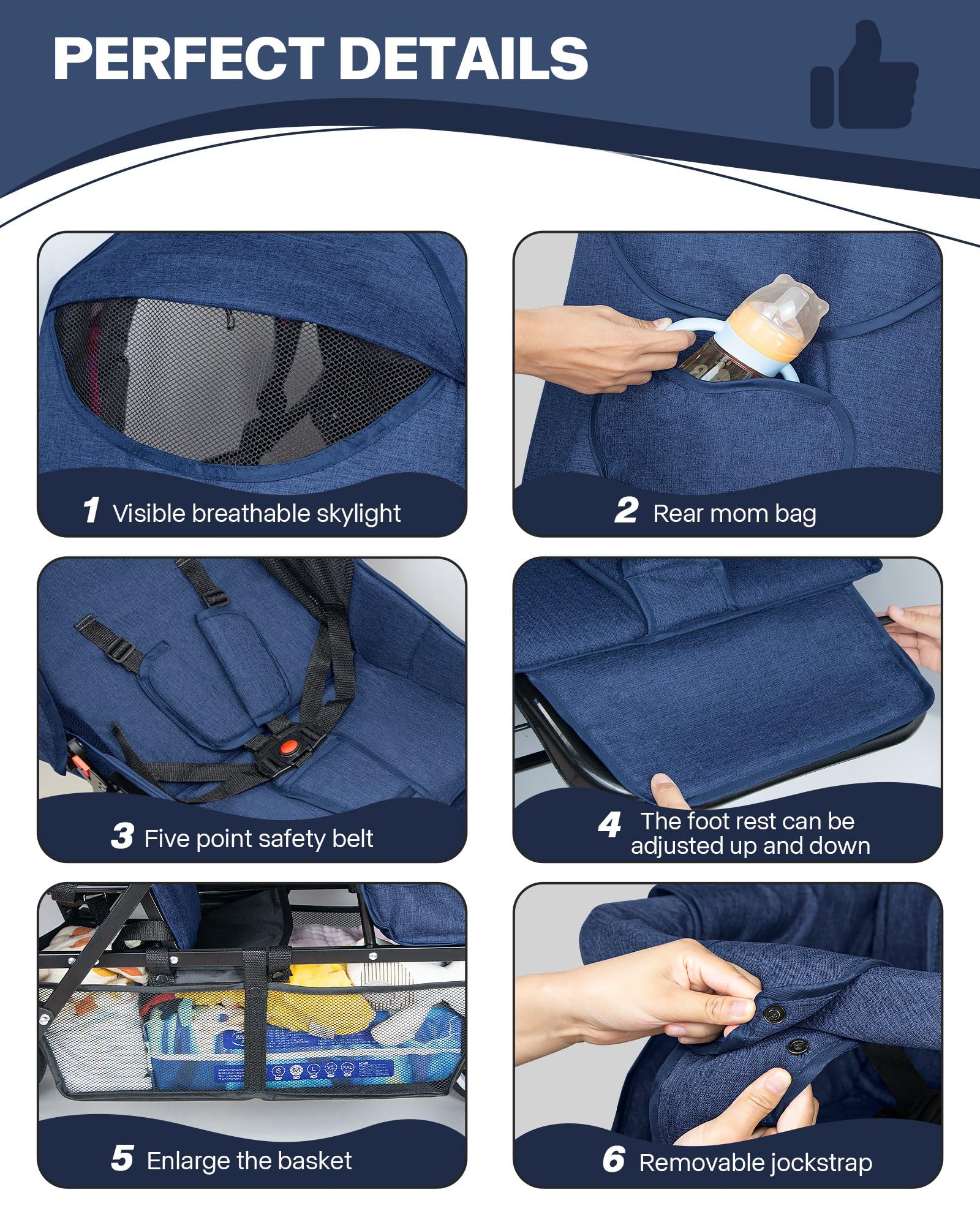 Premium Double Stroller for Infants & Toddlers - Foldable Tandem Baby Stroller with Adjustable Backrest, Mosquito Net & Accessories (Blue) - Perfect for Twins, Siblings or Daycare Outings