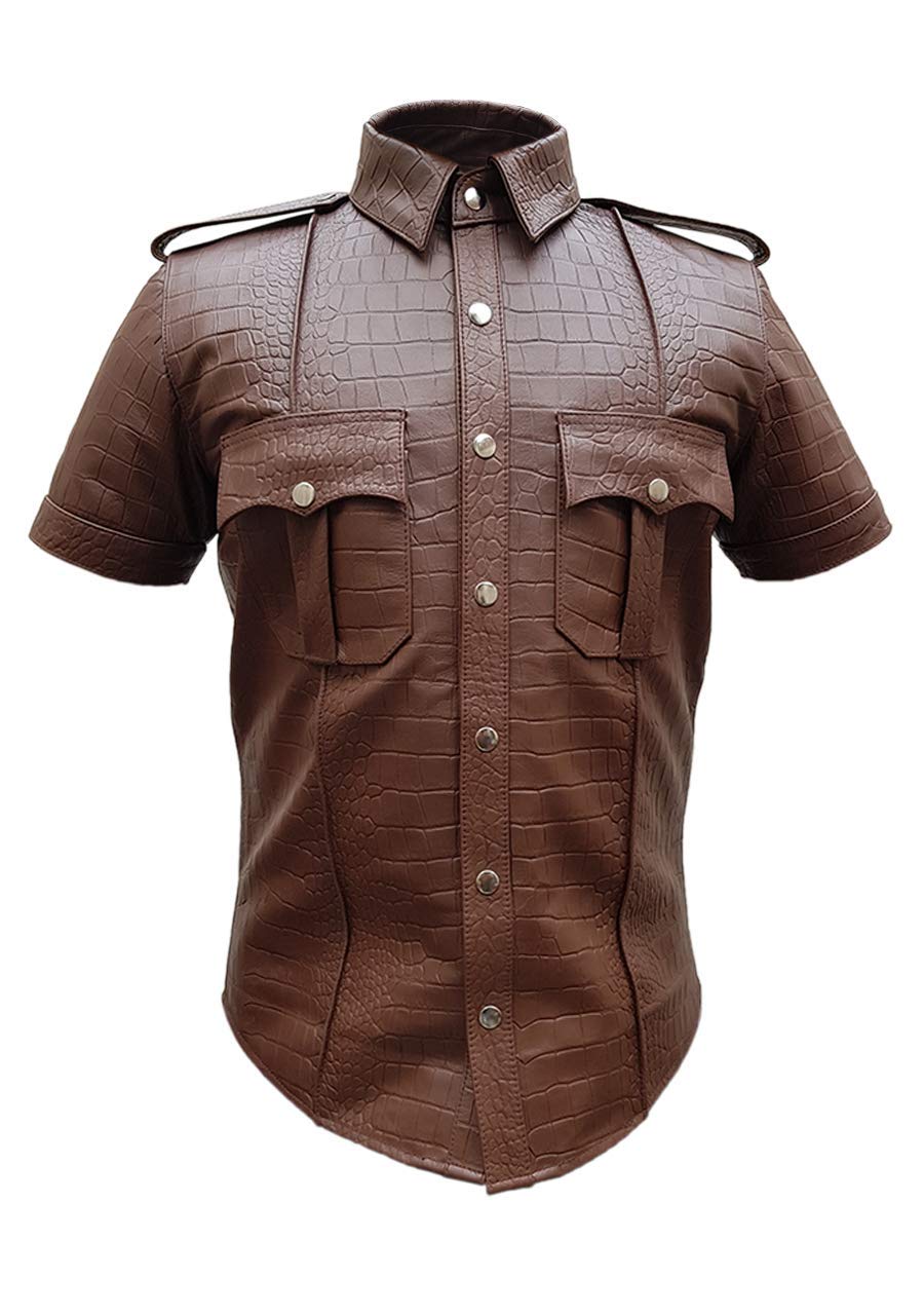 Men's Brown Alligator Print Leather Police Style Uniform Shirt - Authentic Look for Cosplay, Halloween & Role Play | BLUF Gay Collection
