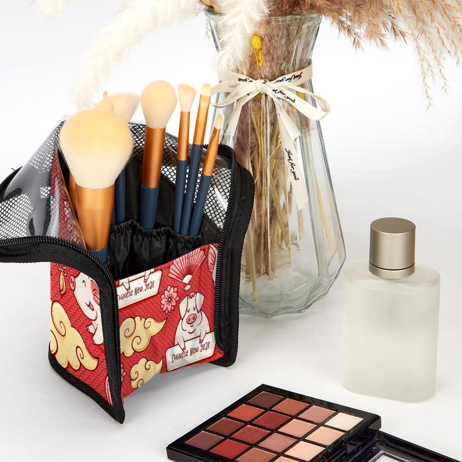 12-Piece Makeup Brush Organizer Bag with Pig Chinese New Year Design - Portable Cosmetic Brush Holder Case for Travel, Home & Professional Makeup Artists