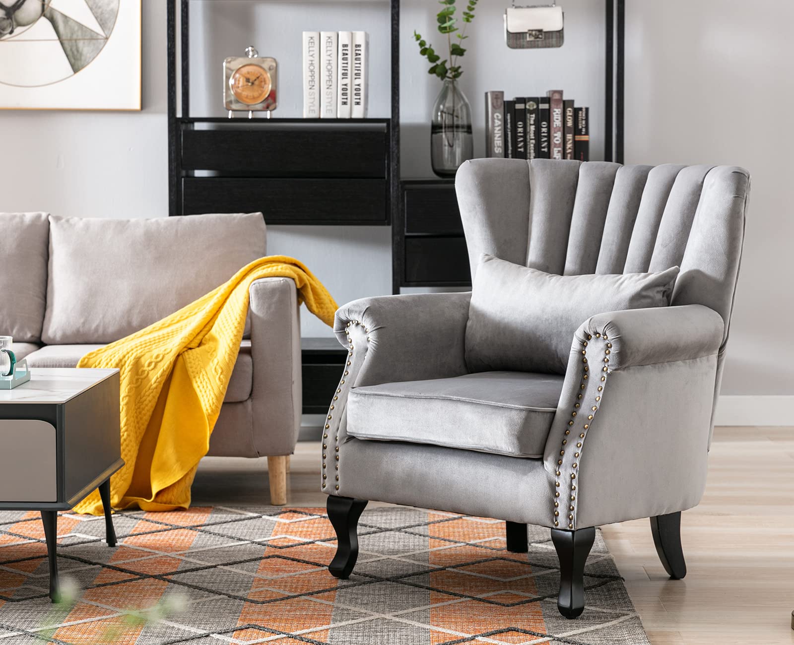 Luxury Grey Velvet Wingback Accent Chair with Nail-Head Trim & Tufted Back - Oversized Club Chair with Pillow for Living Room, Bedroom, Guest Room - Perfect for Reading Nook, Home Office & Lounge Areas