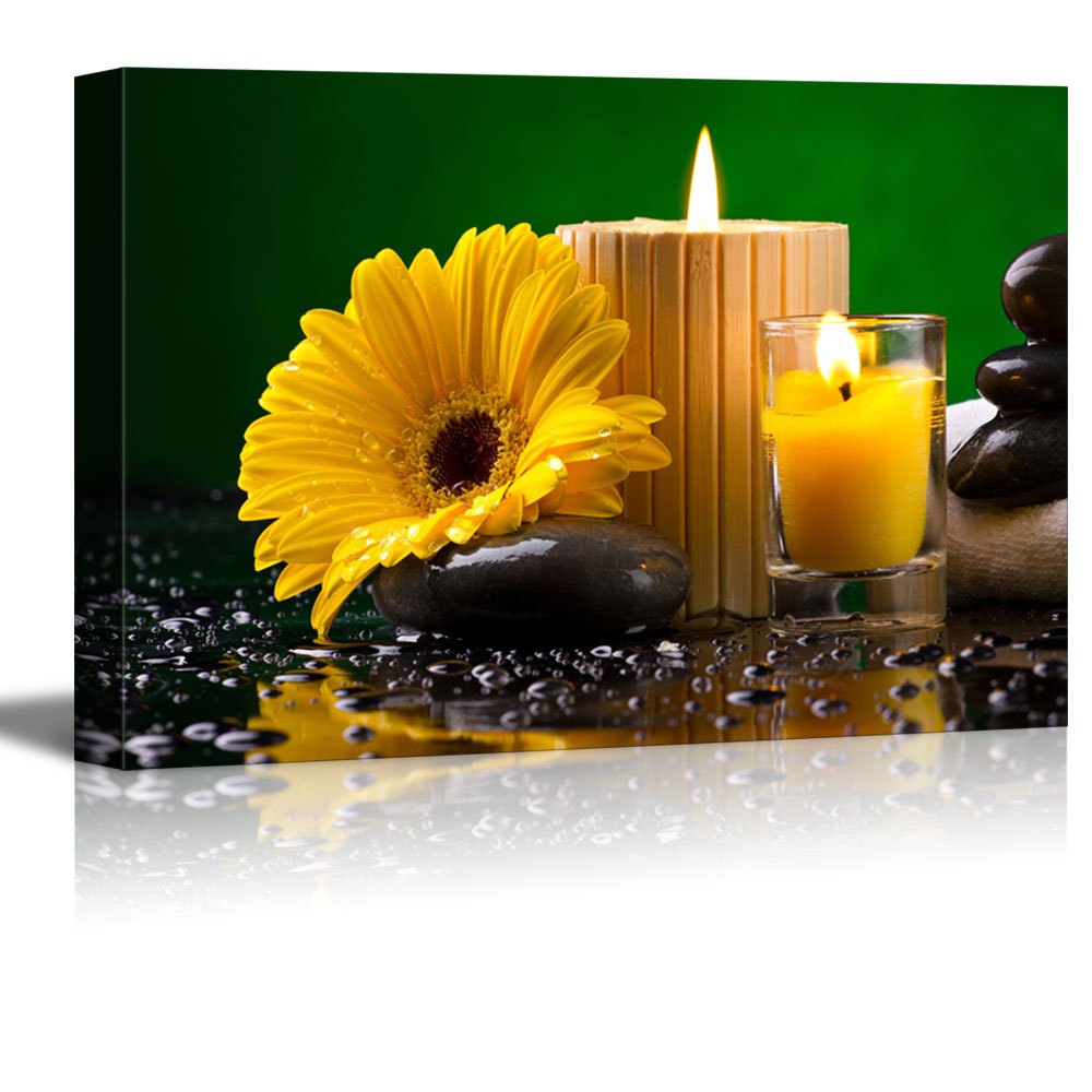 Modern Canvas Wall Art - Spa Still Life with Yellow Flower, Candles, Pebble & Water Drop | Stretched Gallery Wraps Giclee Print | Ready to Hang Home Decor (32
