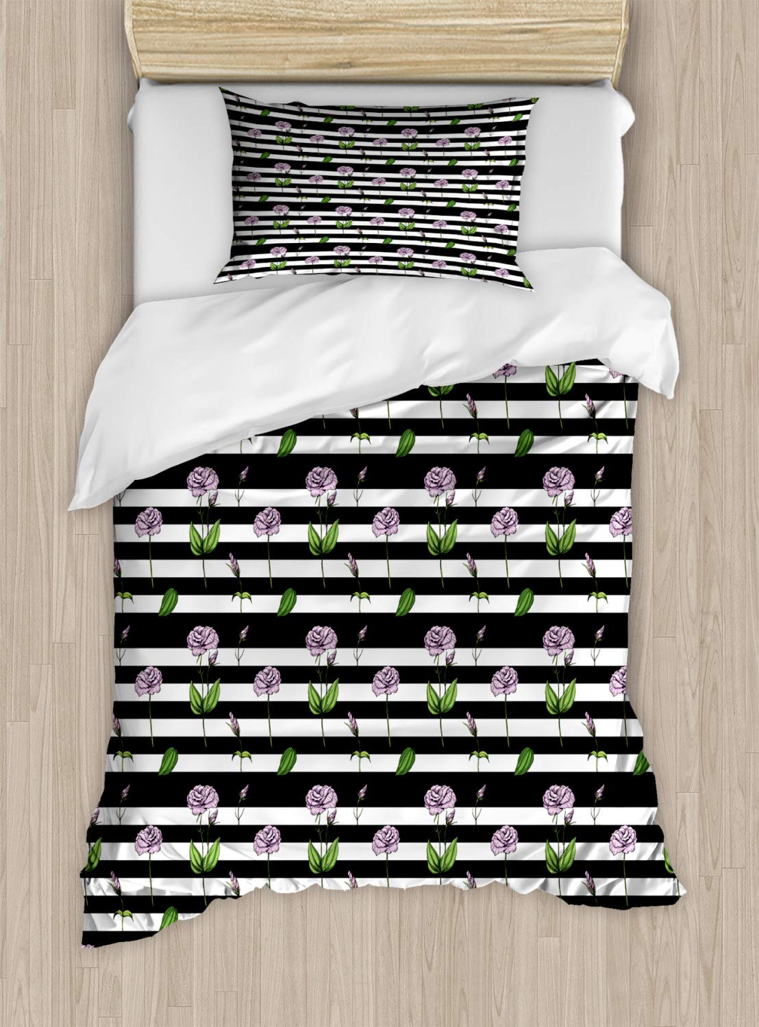 Ambesonne Rose Duvet Cover Set - Pink Rose Floral Print on Black & White Striped Background, 3-Piece Twin Size Bedding with 2 Pillow Shams | Modern Home Decor for Bedroom, Guest Room & Dorm