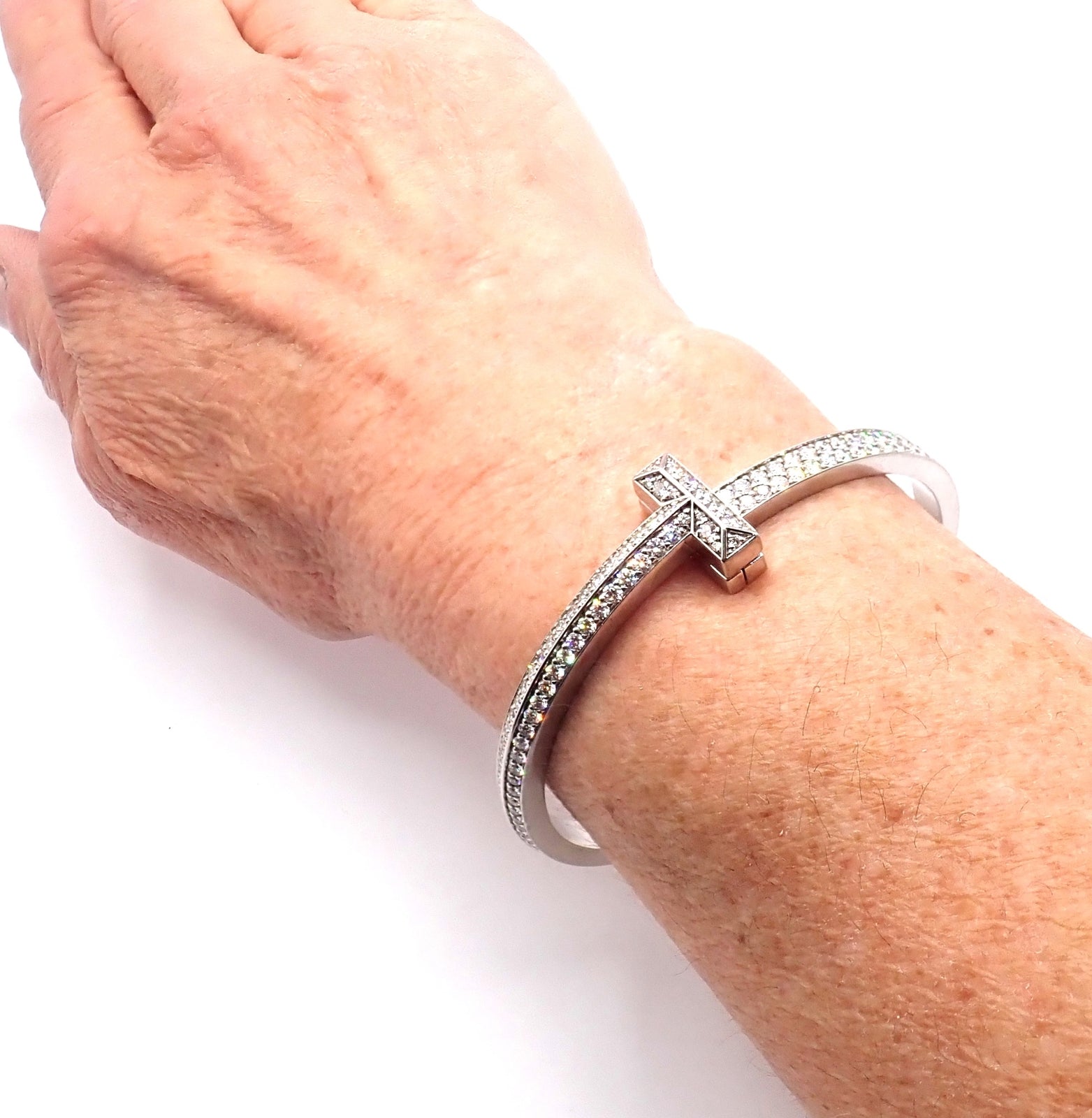 Authentic Tiffany & Co 18k White Gold Diamond T1 Wide Hinged Bangle Bracelet - Luxury Jewelry for Women, Perfect for Weddings, Anniversaries & Special Occasions