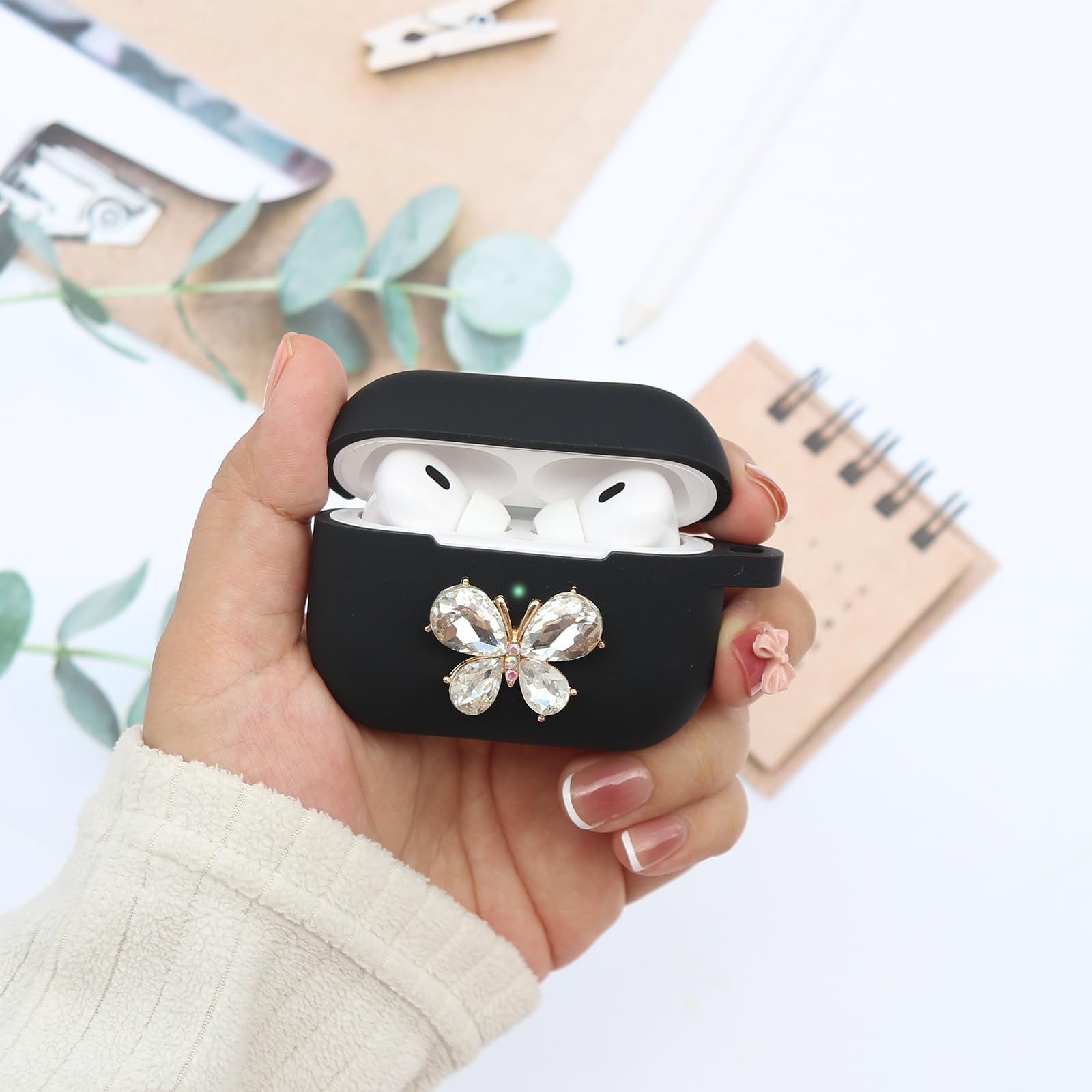 Wonhibo Cute Butterfly Silicone Case Cover for AirPods Pro 2 (2022) - Protective Shockproof Skin with Keychain for Women - Perfect for Travel, Gym & Everyday Use (Black)