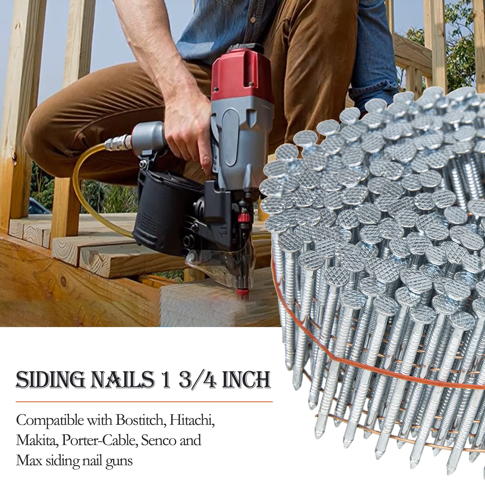 1-3/4 Inch 15 Degree Stainless Steel Coil Siding Nails - 1200 Count Ring Shank Galvanized Roofing Nails for Siding, Fencing & Exterior Trim Installation - Weather Resistant Construction Fasteners