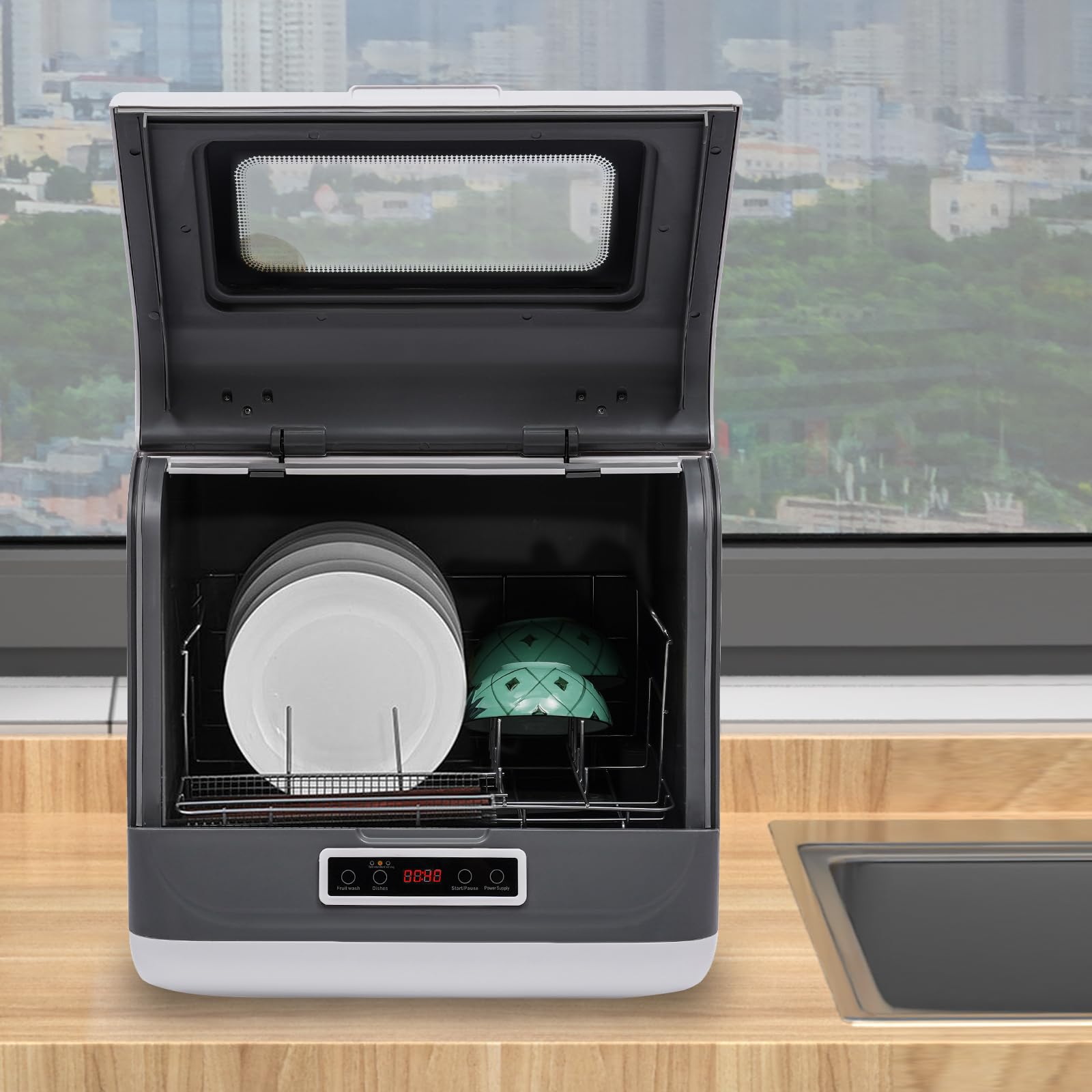 Portable Countertop Dishwasher - No Plumbing Required, Compact Mini Dishwasher with 3 Wash Programs & 75°C Hot Air Drying | Perfect for Small Kitchens, Apartments, RVs, Dorms & Office Break Rooms | Black & White (Model HG-HJ-1244)