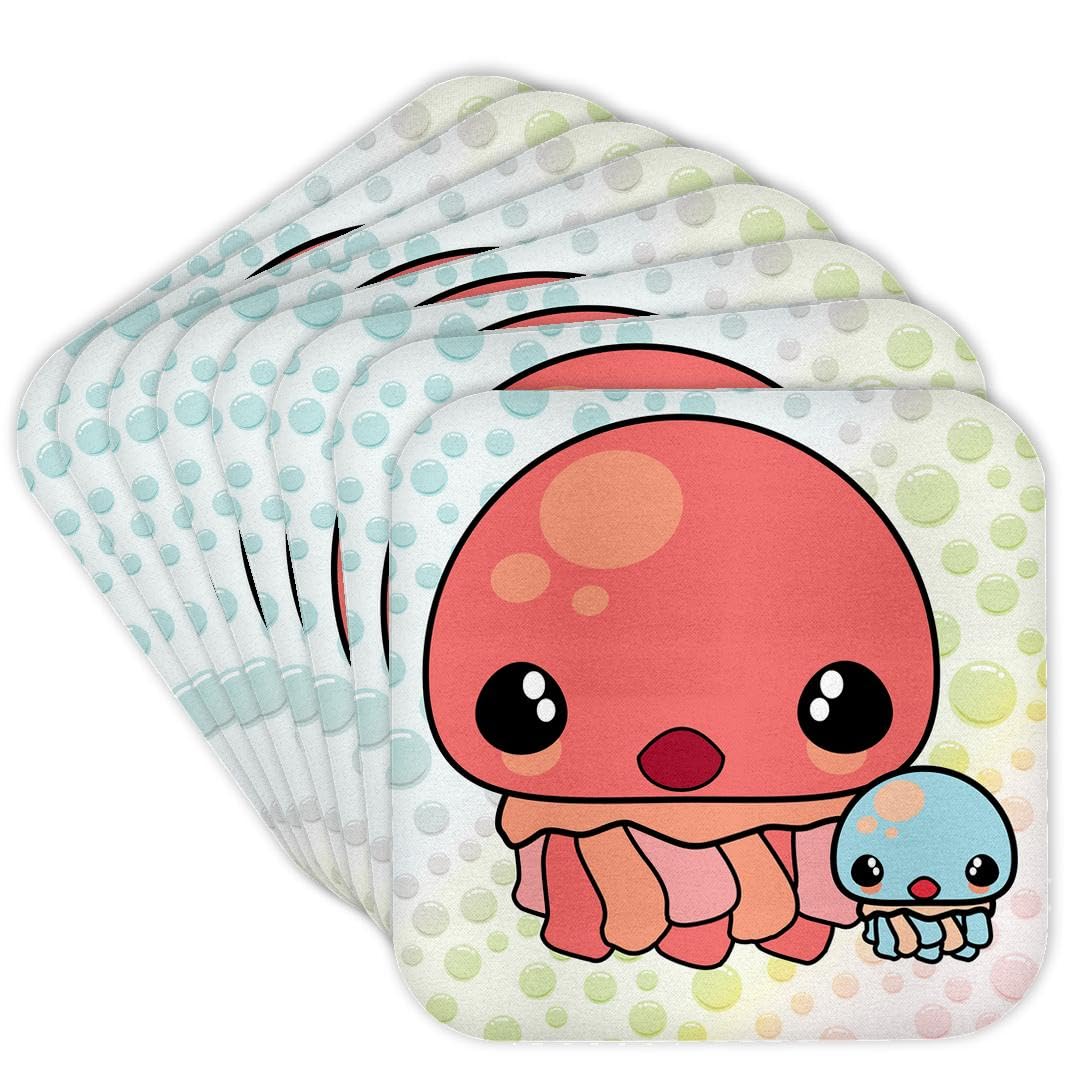 3D Rose Soft Coasters Set of 8 - Cute Kawaii Mommy & Baby Jellyfish Cartoon Design with Colorful Bubble Background - Perfect for Coffee Tables, Home Decor & Gift Giving