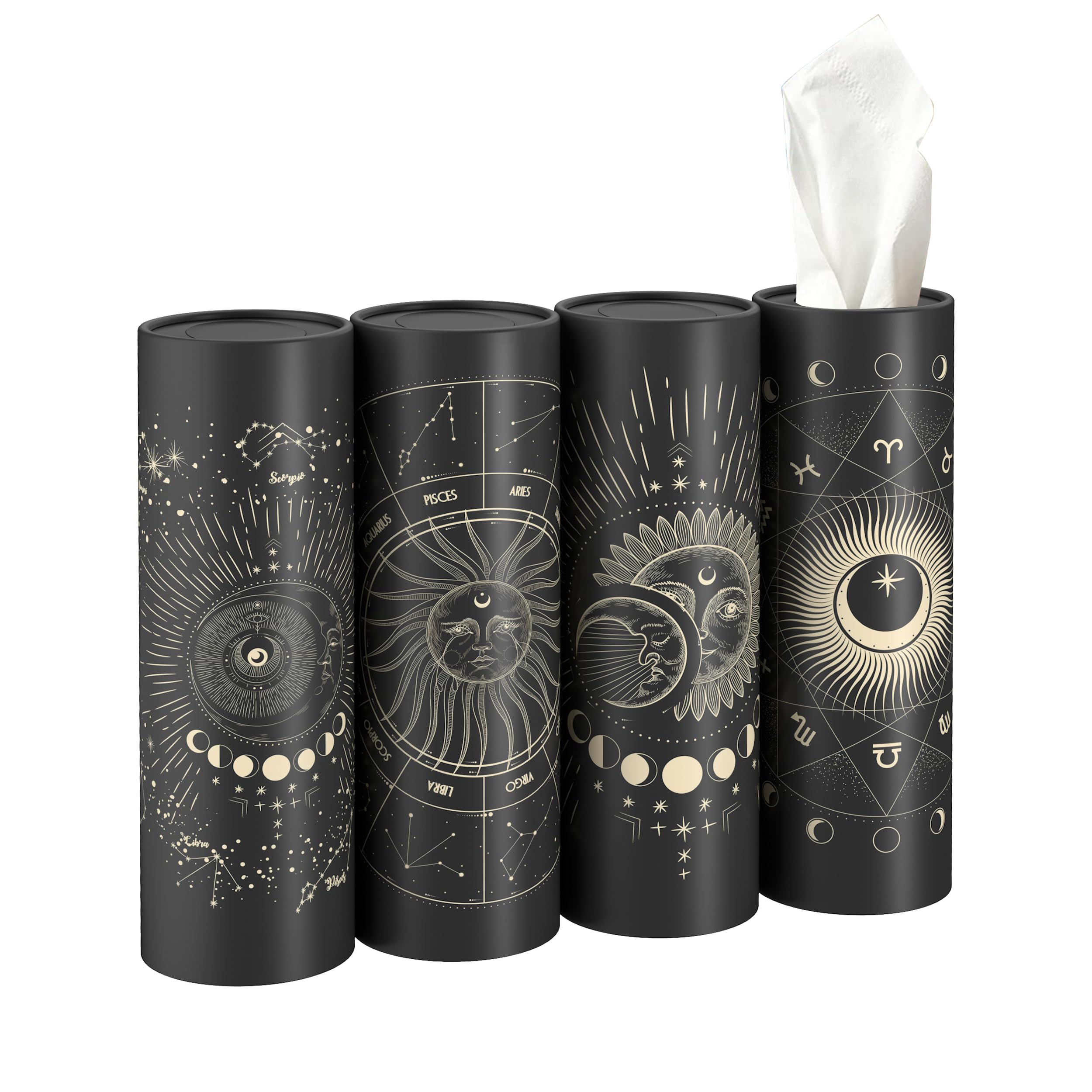 4 Pack Moon Pattern Round Car Tissue Holders with 3-Ply Facial Tissues - Bulk Tissue Box for Home, Office, Bathroom & Vehicle Use - Soft & Durable for Everyday Convenience