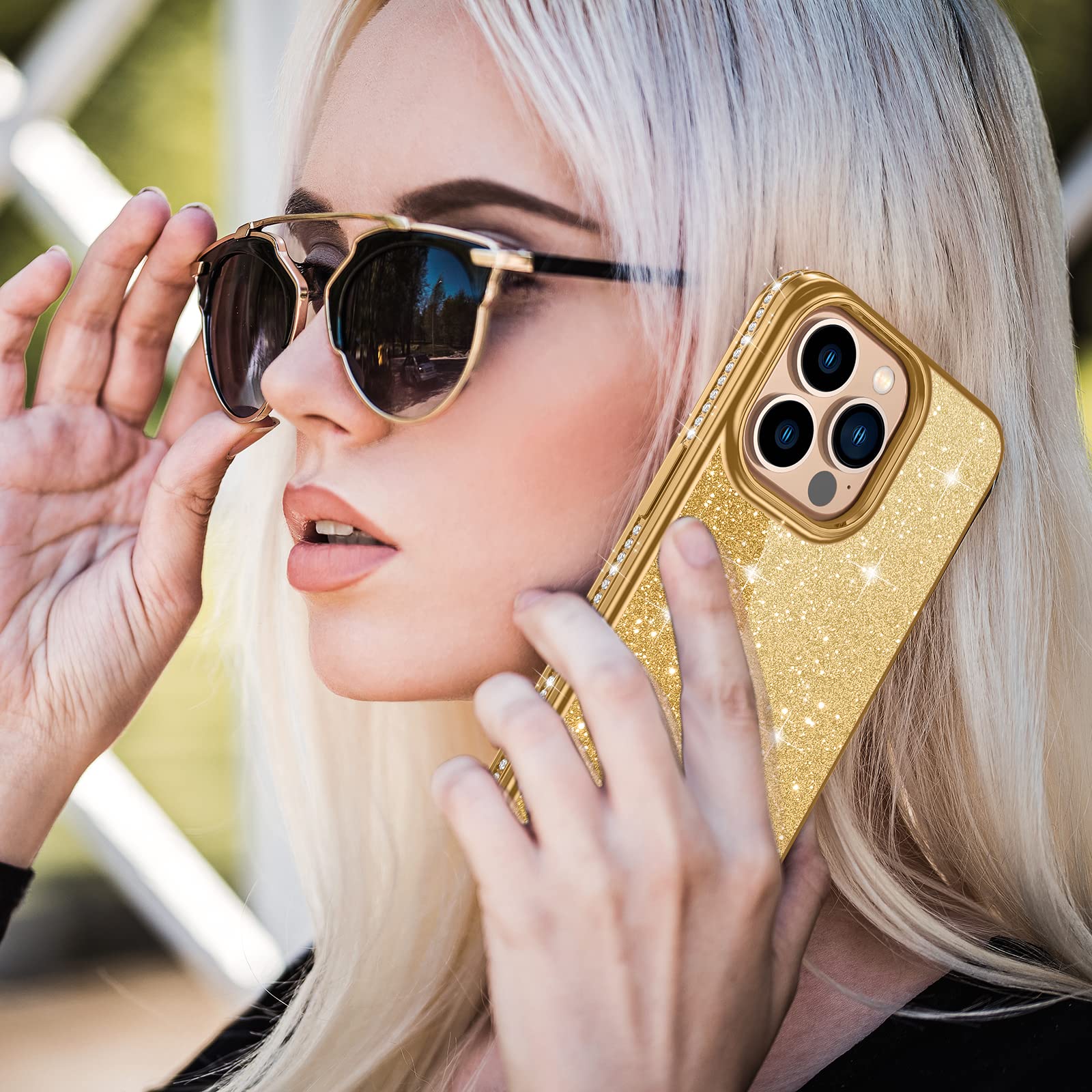Sparkly Glitter Luxury Diamond iPhone 13 Pro Max Case - Shockproof Slim Fit Protective Cover for Women & Girls (Gold) | Perfect for Parties, Travel & Everyday Use