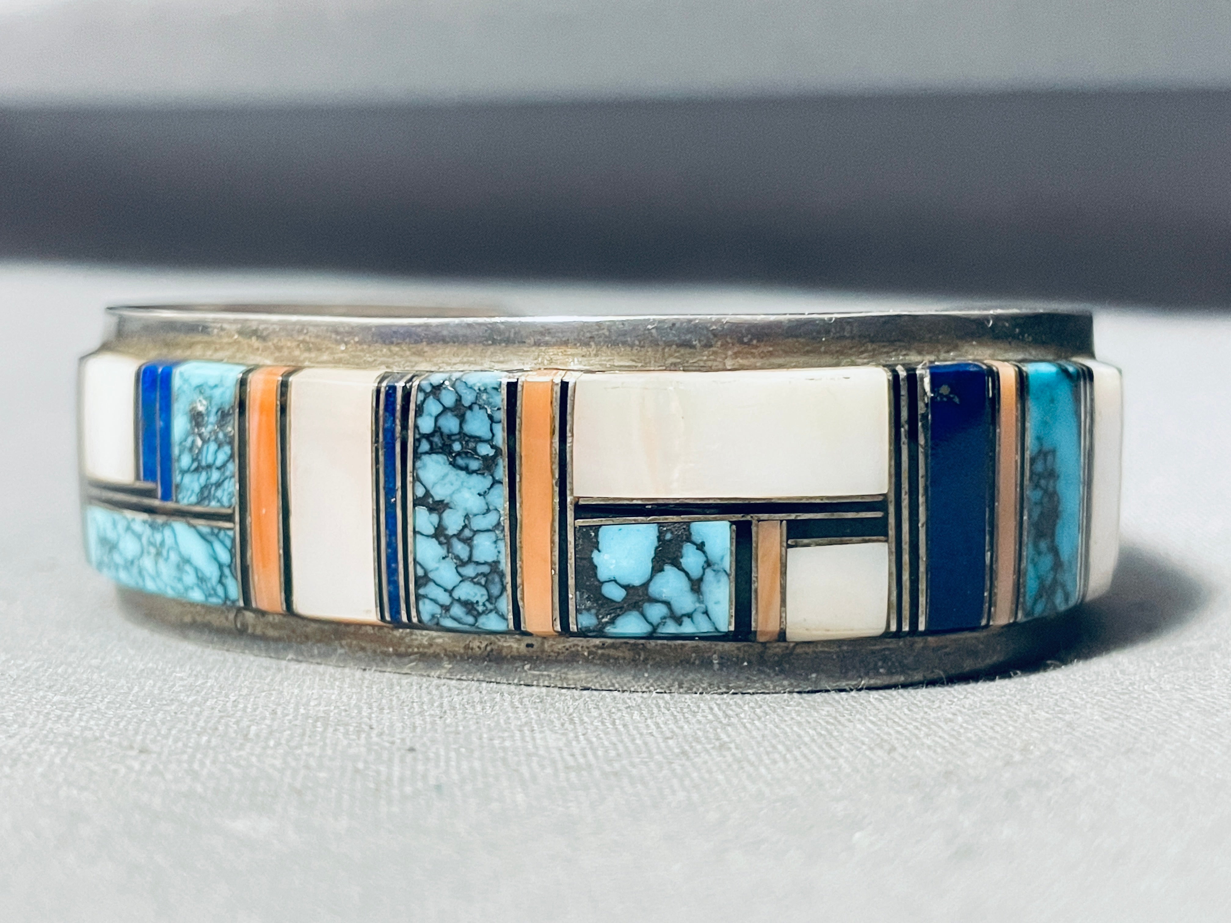 6 1/2' Wrist Vintage Wilbur Yazzie Native American Navajo Sterling Silver Inlay Bracelet
