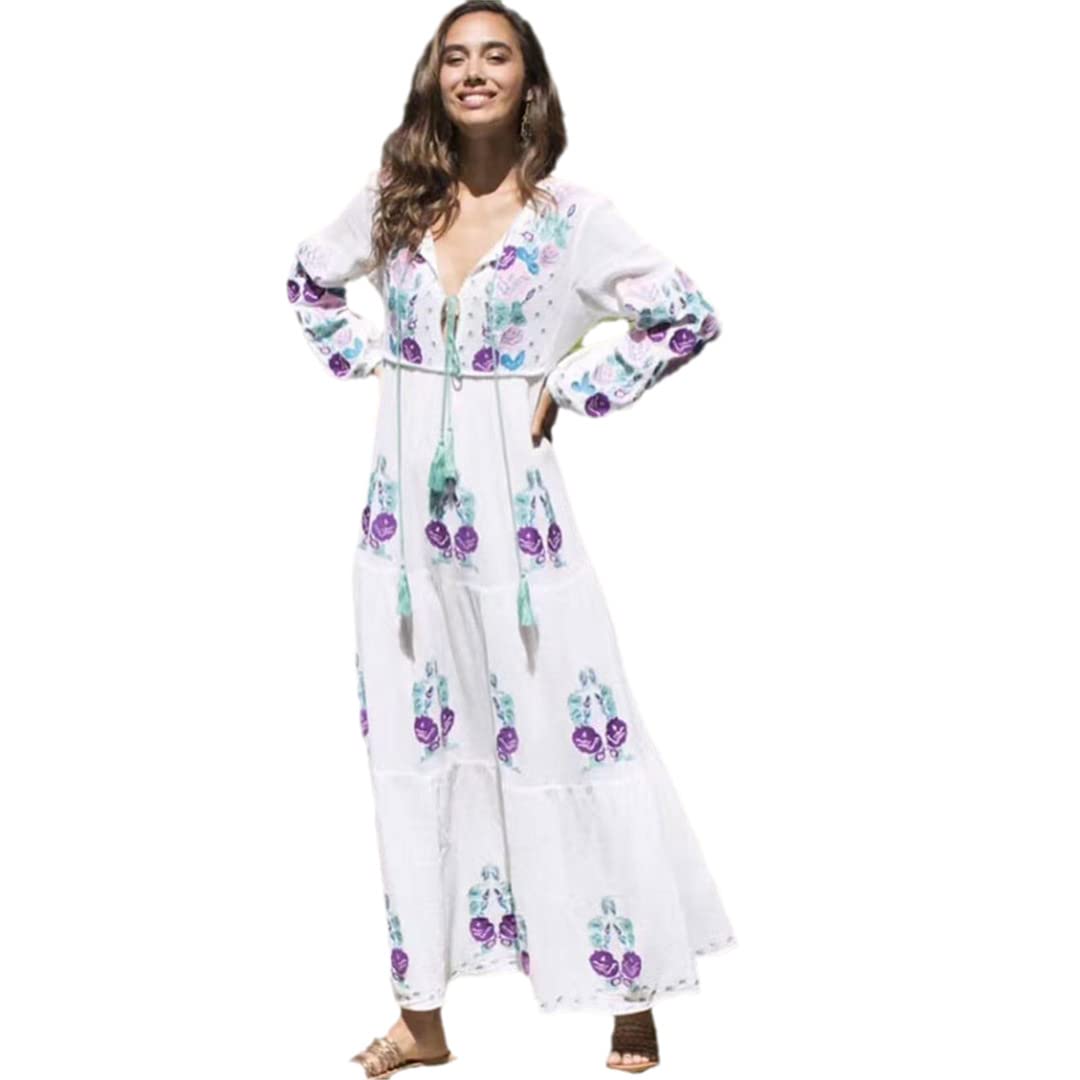 Ethnic Embroidered Tassel Beach Dress - Floral Long Maxi Dress for Summer Vacation, Seaside Holiday & Travel | Perfect for Beach Parties, Resort Wear & Tropical Getaways