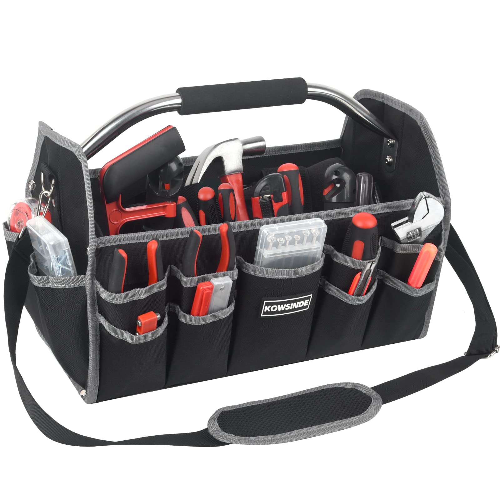 16 Inch Heavy Duty Electrician Tool Bag with 26 Pockets - Open Top Design, Steel Handle & Removable Shoulder Strap - Perfect for Electricians, Contractors and DIY Home Improvement Projects