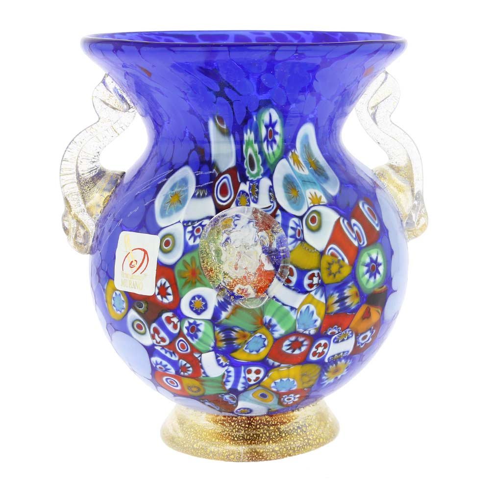 Authentic Murano Glass Millefiori Urn Vase with Lion Heads - Handcrafted Blue Venetian Art Glass | Perfect for Home Decor, Wedding Centerpieces & Luxury Gift Giving