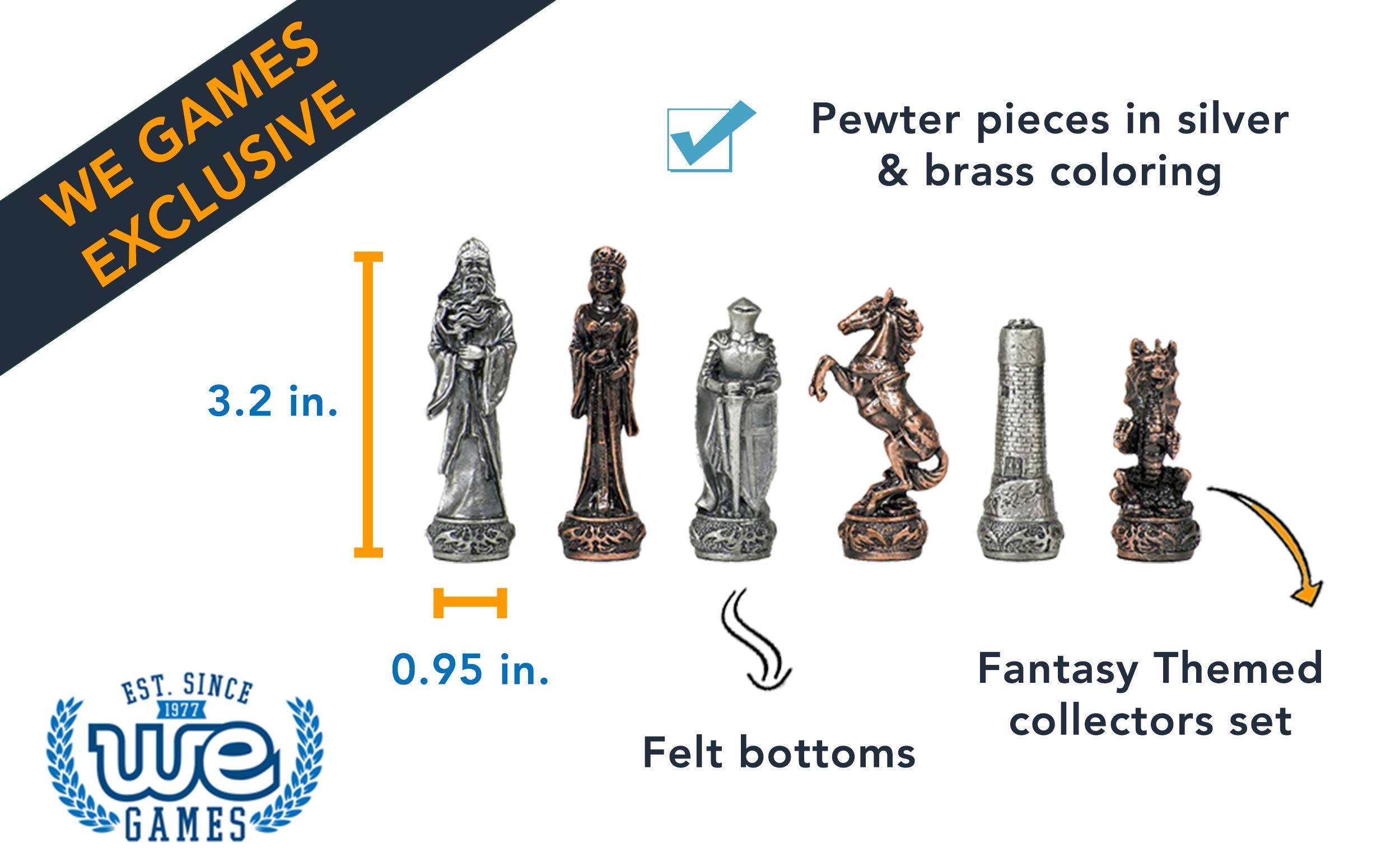 WE Games Pewter Fantasy Themed Chess Set - Premium Metal Chess Board Game for Adults & Collectors | Luxury Handcrafted D&D Inspired Chess Pieces | Perfect for Game Nights, Gifts & Home Decor