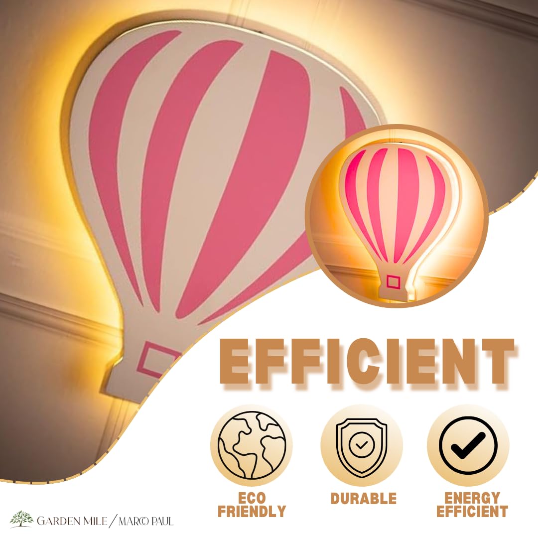 Marco Paul Modern Wooden White LED Night Light - Battery Powered Wall Mounted Nursery Lamp for Kids Room, Baby Gifts & Bedroom Decor - Perfect for Night Feedings, Bedside Lighting & Nursery Wall Decor (Pink Hot Air Balloon)