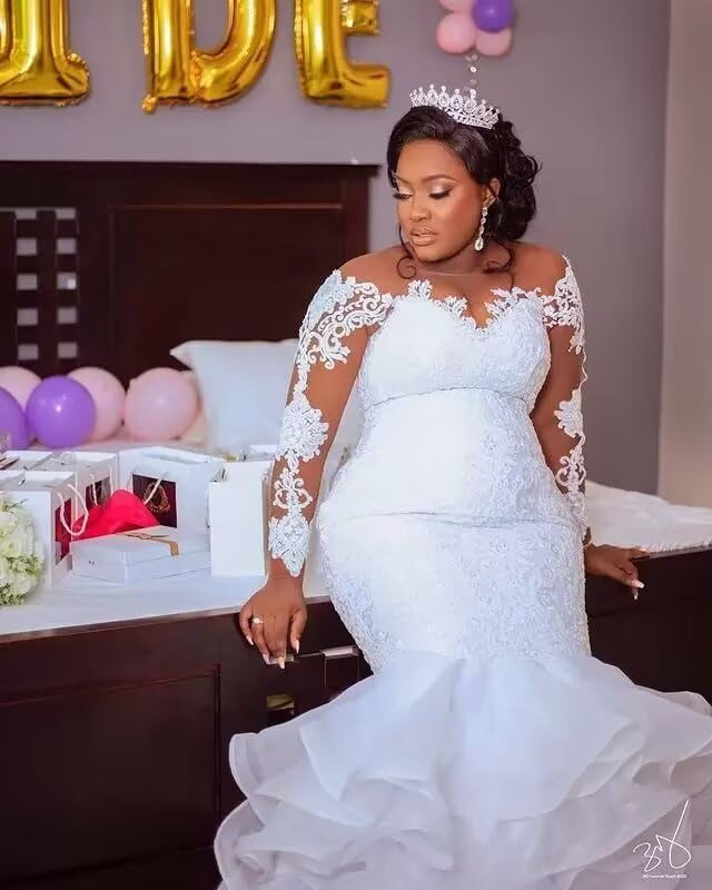 Elegant Off Shoulder Mermaid Wedding Dress with Long Sleeves & Lace Applique - Organza Beach Bridal Gown for Romantic Ceremonies & Evening Receptions