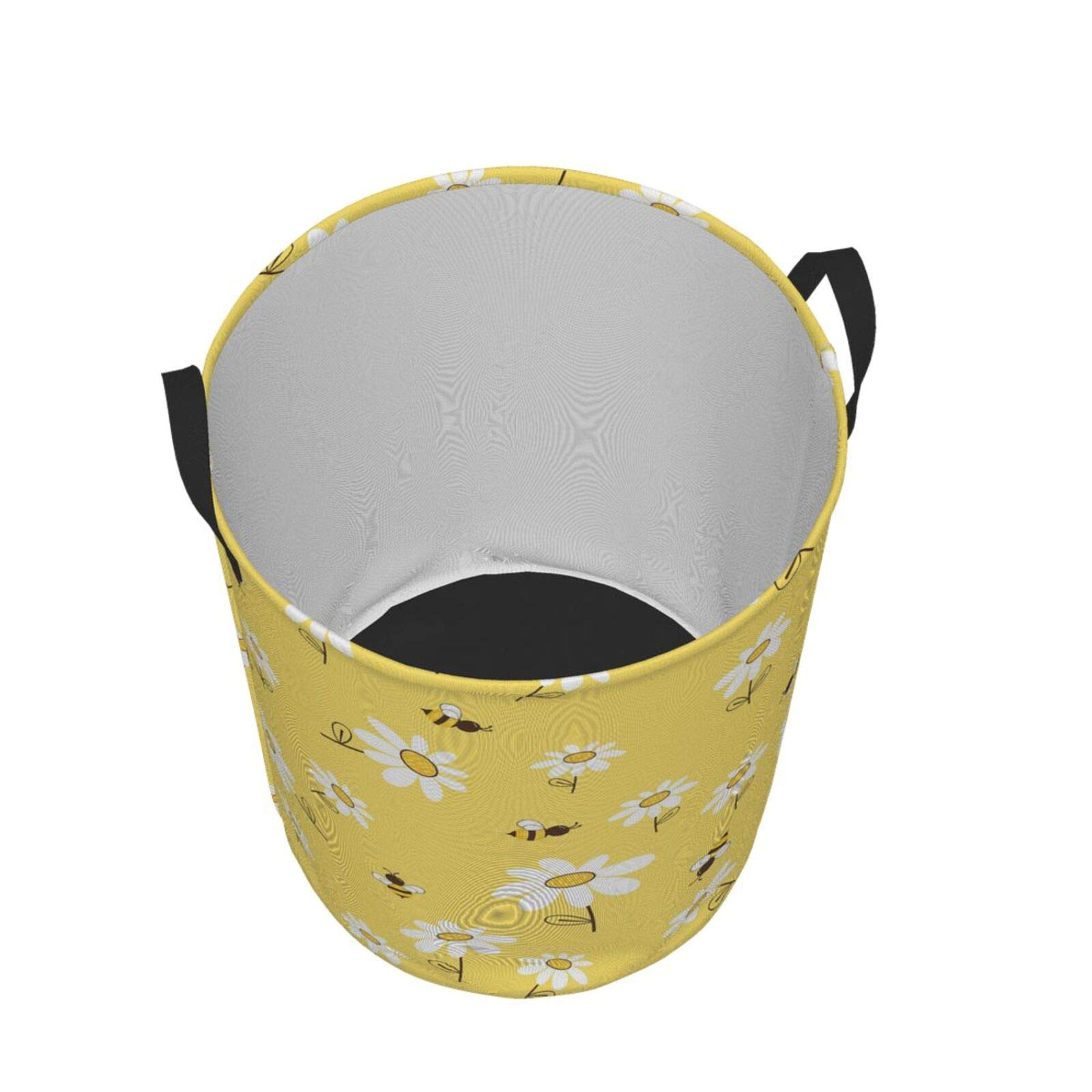 Yellow Daisy Bee Collapsible Laundry Basket with Handle - Waterproof Fabric Hamper for Clothes, Toys & Storage | Foldable Organizer Bin for Bathroom, Bedroom & Nursery | Large Capacity Dirty Clothes Hamper
