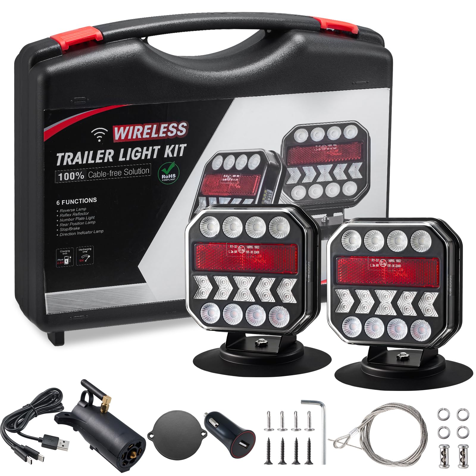USB-C Magnetic Wireless Trailer Lights - Adjustable Rechargeable Towing Light Kit with Powerful Suction Base & Retroreflectors for Trucks, Boats, RVs, Vehicles & Caravans | Perfect for Night Towing, Camping & Roadside Safety