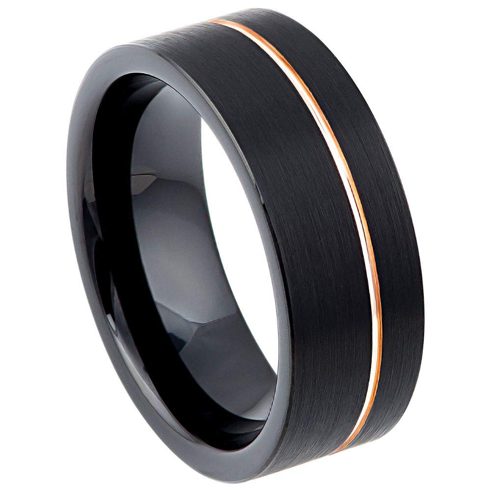 8mm Brushed Black & Rose Gold Tungsten Carbide Men's Wedding Band - Grooved Line Comfort Fit Anniversary Ring - Size 7.5 - Perfect for Daily Wear, Special Occasions & Gift Giving