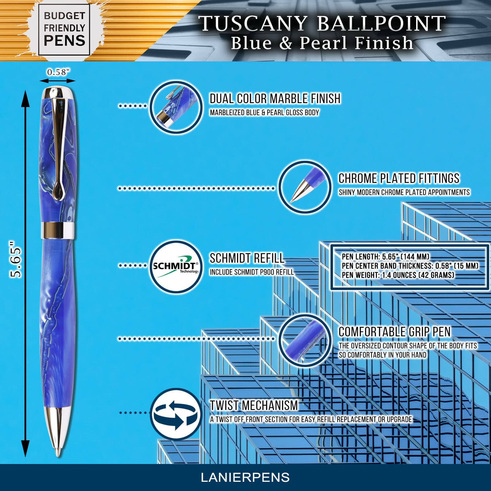 Elegant Tuscany Blue & Pearl Ballpoint Pen - Marbleized Gloss Finish for Smooth Writing | Perfect for Office, School & Gift Giving