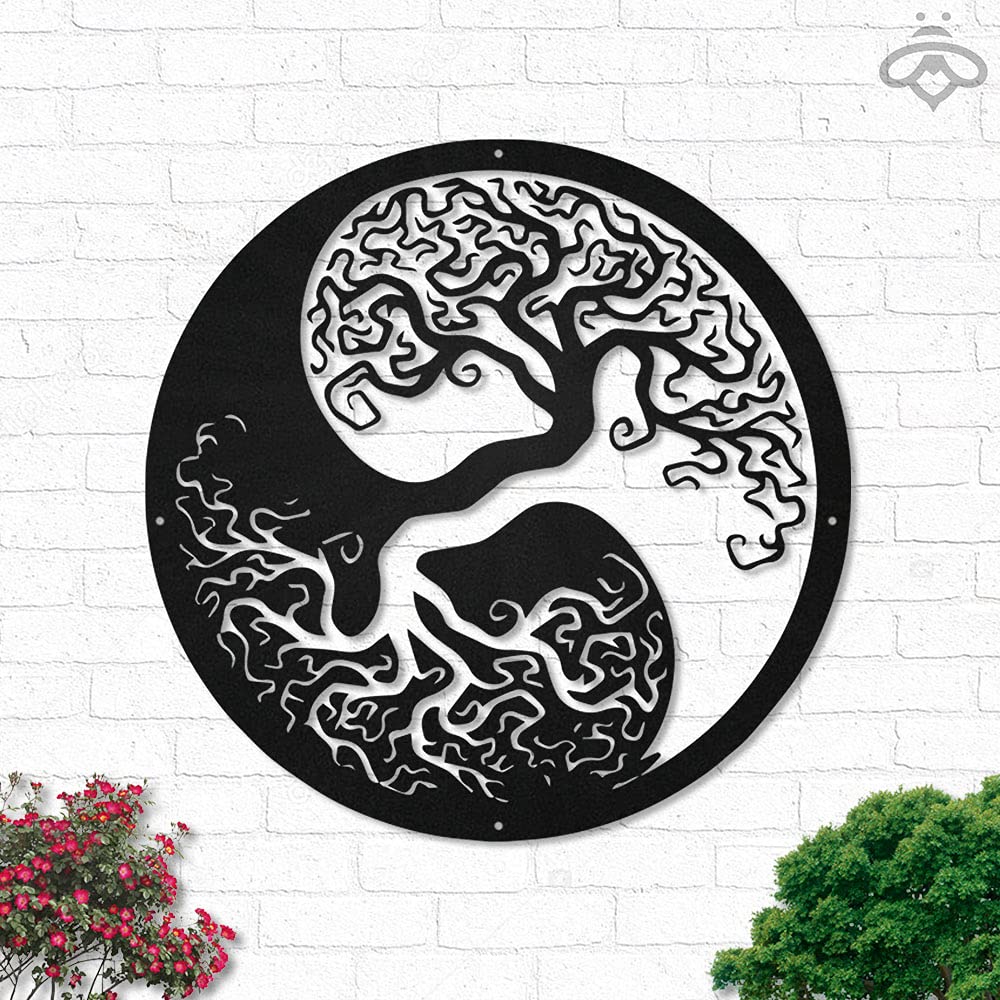 Yin Yang Tree of Life Metal Wall Art with LED Lights - Nature Inspired Black Metal Sign for Living Room, Family, Outdoor Decor - Large 24x24 Inch Home Decoration Gift (Perfect for Meditation Spaces, Yoga Studios & Zen Home Decor)