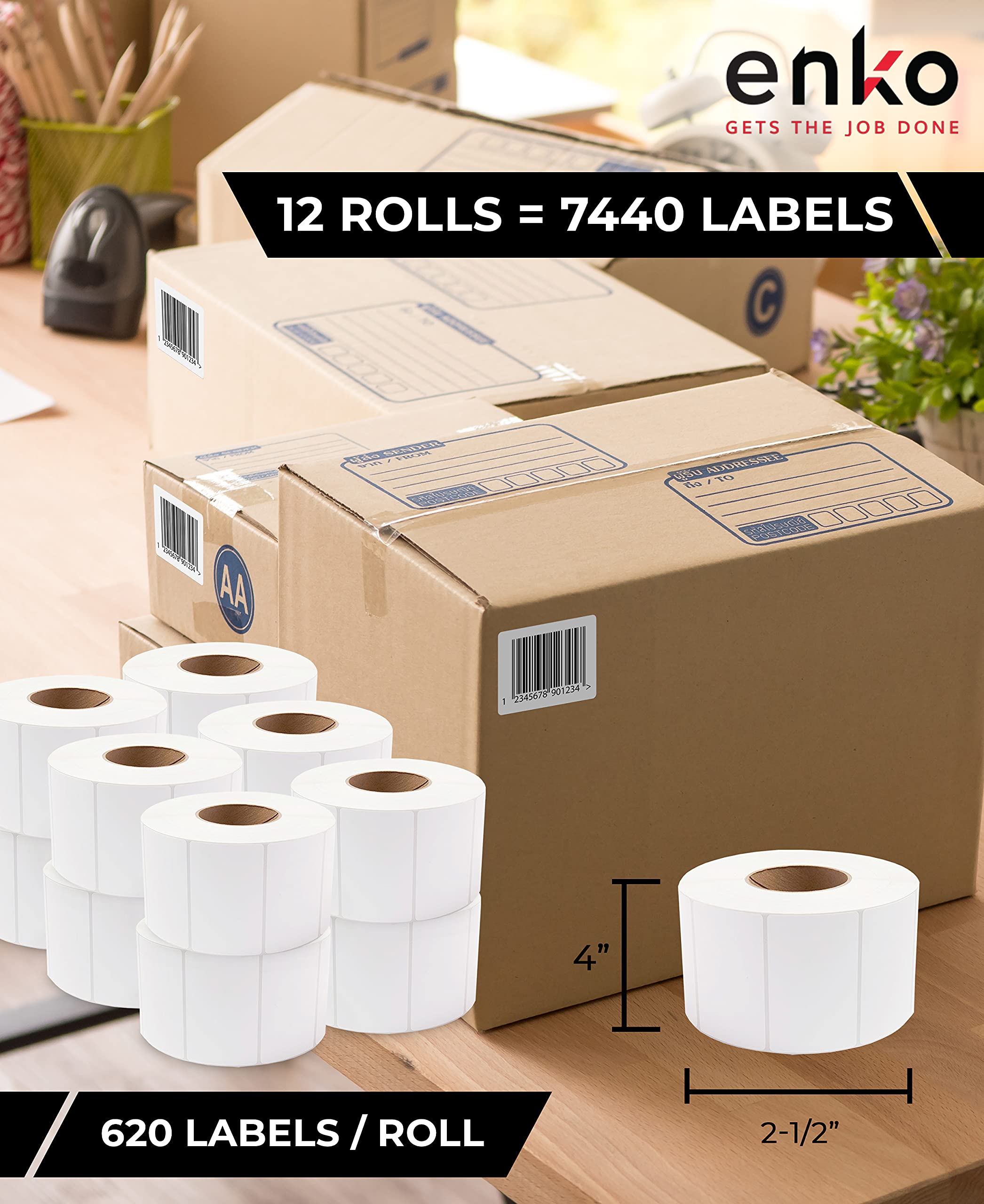 enKo 12 Rolls (7440 Labels) 4x2.5 Inch Direct Thermal Shipping Labels - FBA Stickers & FNSKU Barcode Labels Compatible with Zebra/Eltron Printers - Perfect for Amazon Sellers, Warehouse & Logistics Packaging
