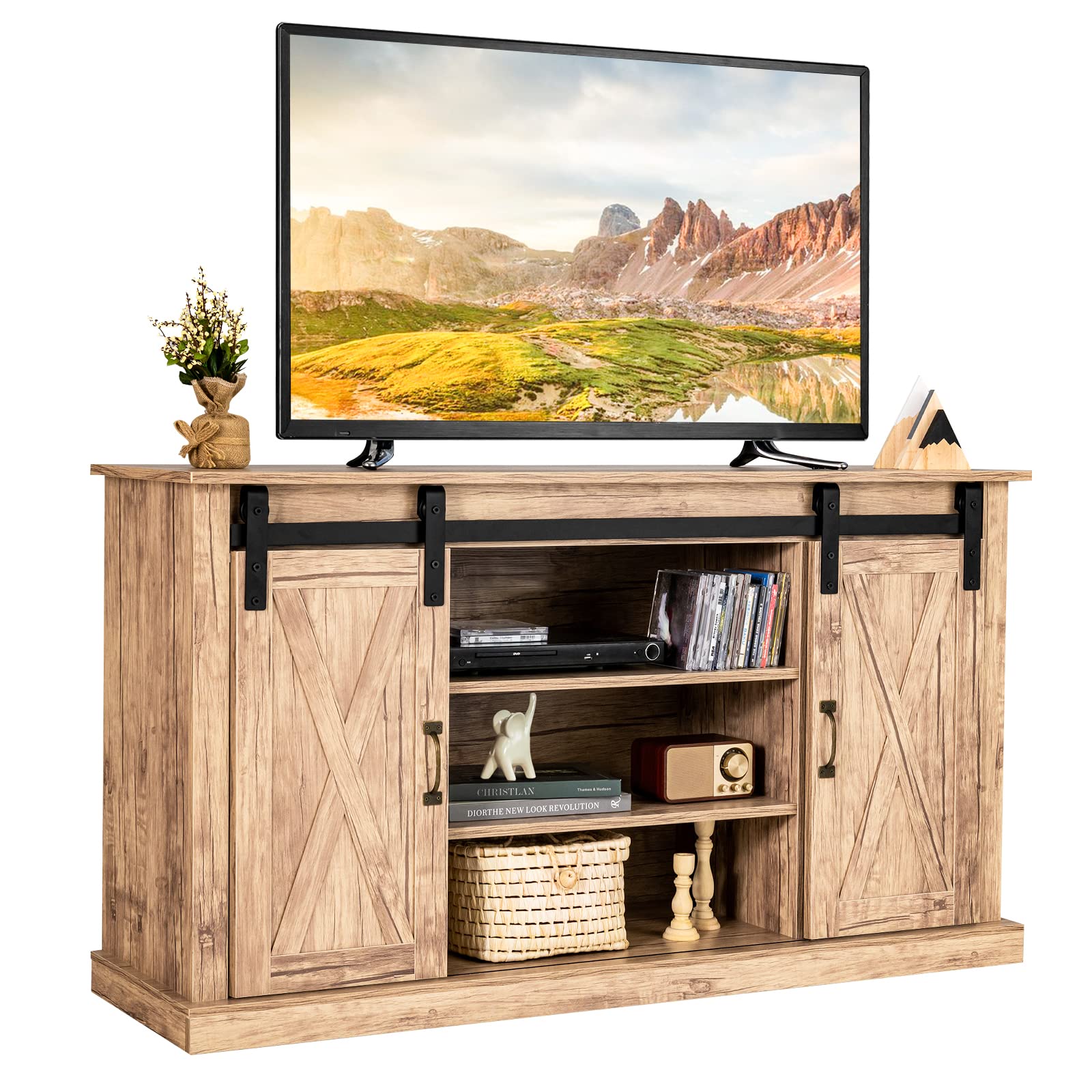 Tangkula 65 Inch Sliding Barn Door TV Stand - Rustic Farmhouse Media Console with Adjustable Shelves & Cable Management - Vintage Wood Entertainment Center for Living Room, Bedroom & Home Theater Setup