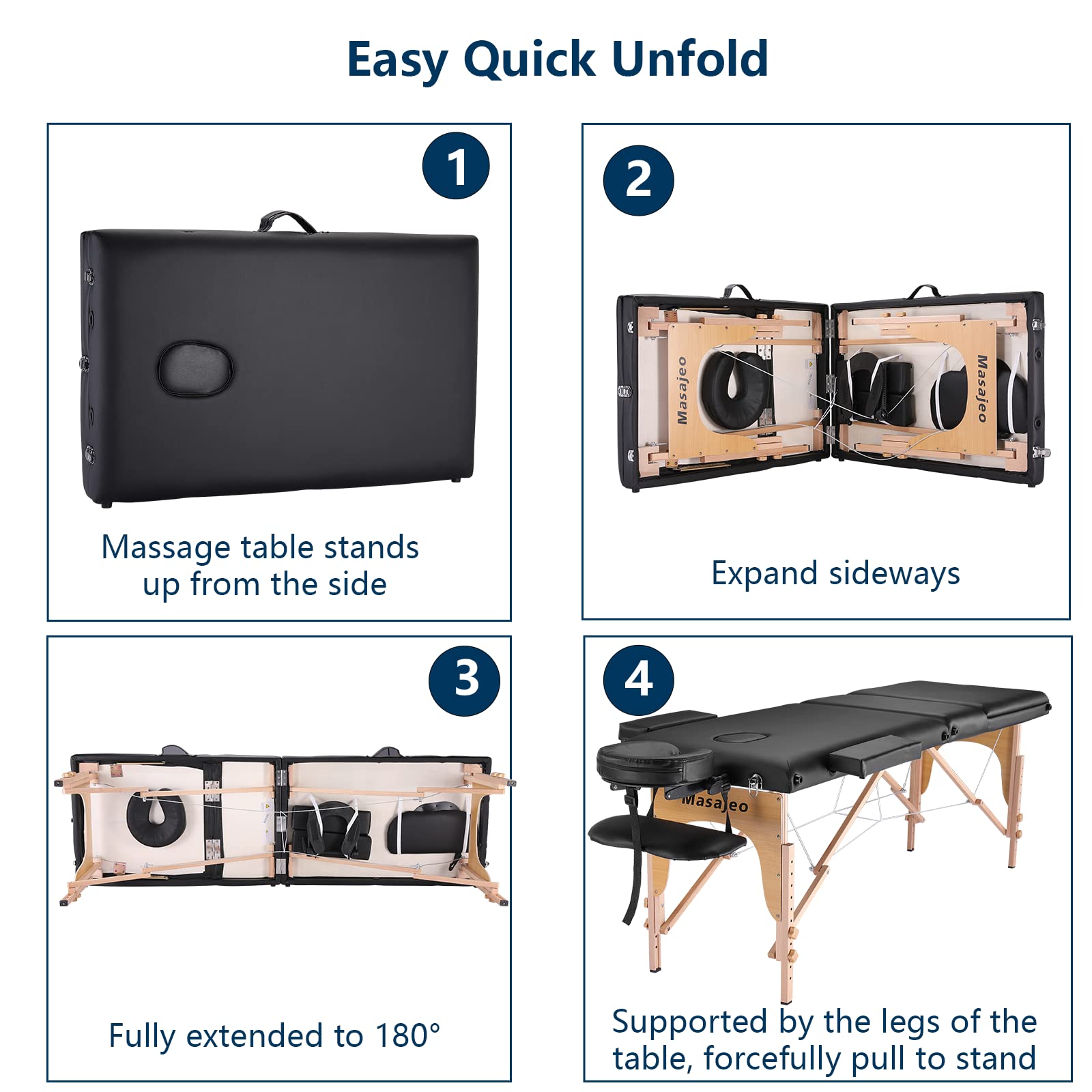 Professional Portable Massage Table with Adjustable Wooden Frame - 3-Section Spa, Reiki & Eyelash Extension Bed (Black) | Perfect for Salon, Home Use & Mobile Therapists