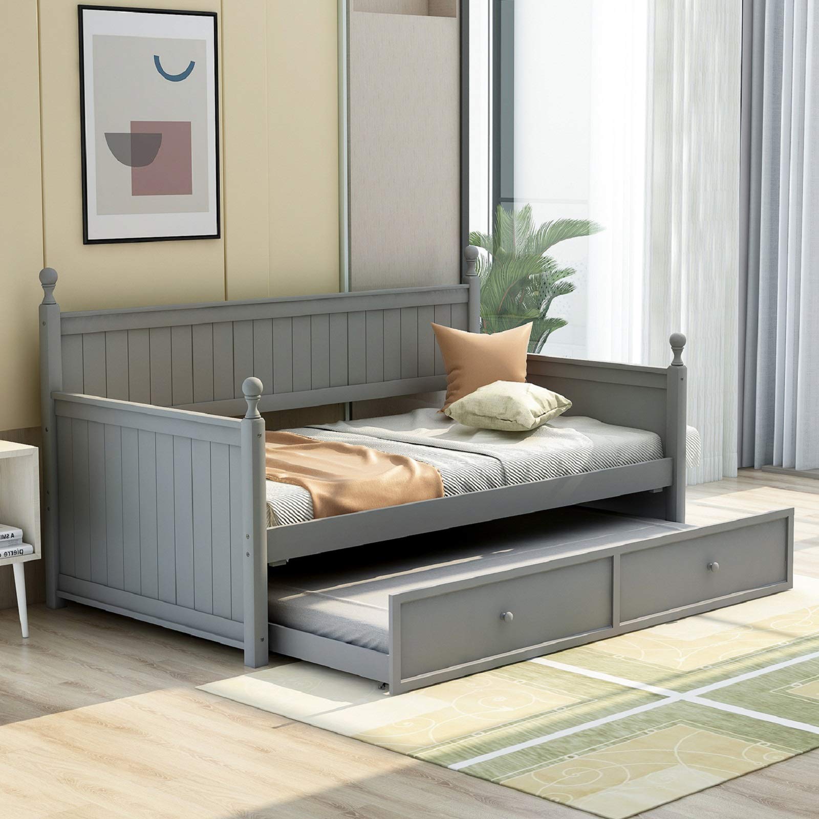 Rhomtree Wood Twin Size Daybed with Trundle - No Box Spring Required - Modern Grey Bed Frame for Bedroom, Living Room, or Guest Room - Perfect for Small Spaces, Sleepovers & Multi-Purpose Furniture