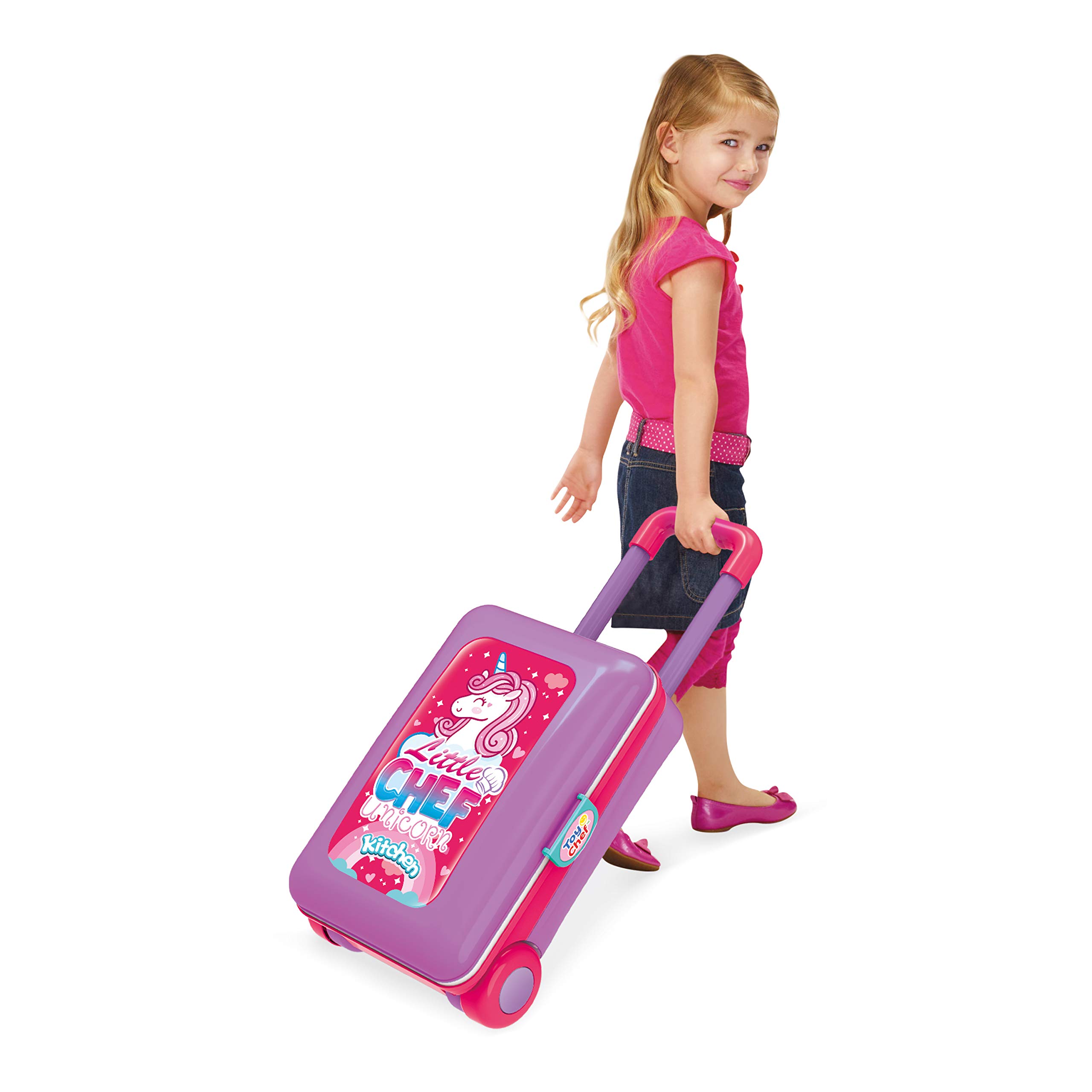 2-in-1 Travel Suitcase Pretend Kitchen Playset for Kids - Toy Pots, Pans, Dishes & Utensils with Play Food - Unicorn Themed ABS Plastic Cooking Set for Boys & Girls - Perfect for Travel, Home & Preschool Role Play