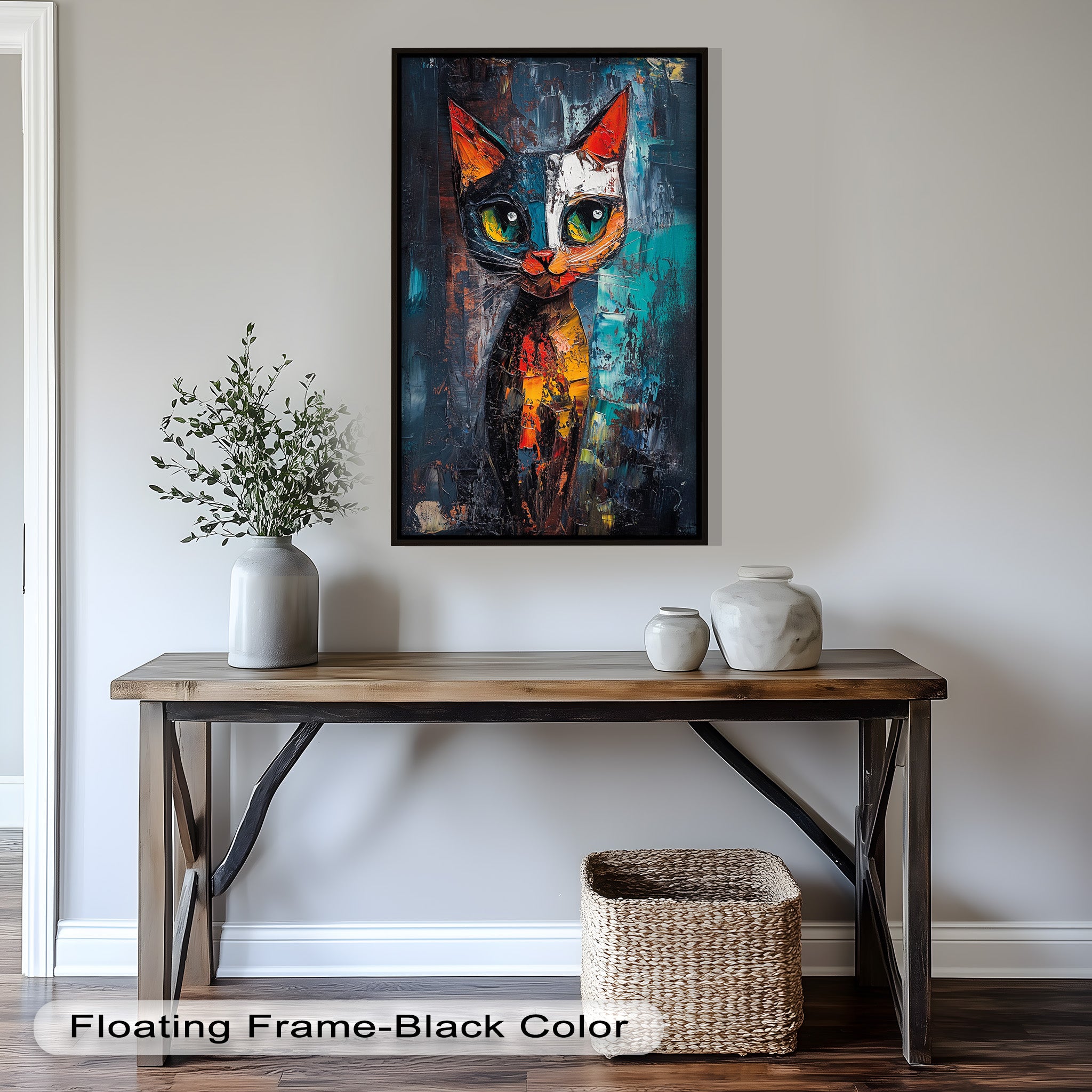 Abstract Cat Portrait with Neon Hues - Vibrant Animal Oil Painting Wall Art for Living Room, Bedroom & Office Decor