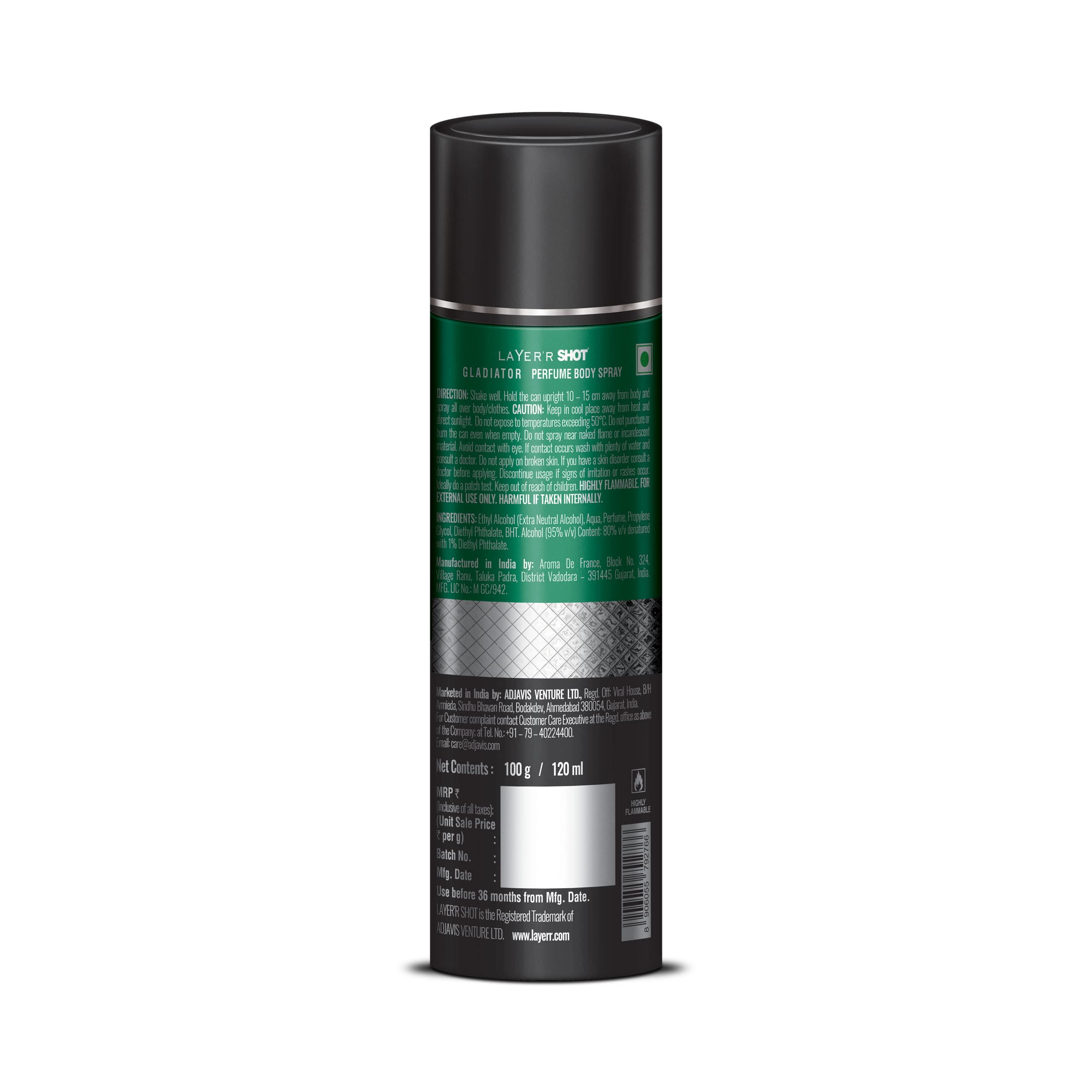 Layer'r Shot Gladiator Men's Body Spray - 120ml | Long Lasting Premium Smokey Leather Cologne for Men | Aerosol Perfume Spray | Perfect for Work, Date & Gym | Ideal Gift for Him | Fresh Fragrance for Daily Use
