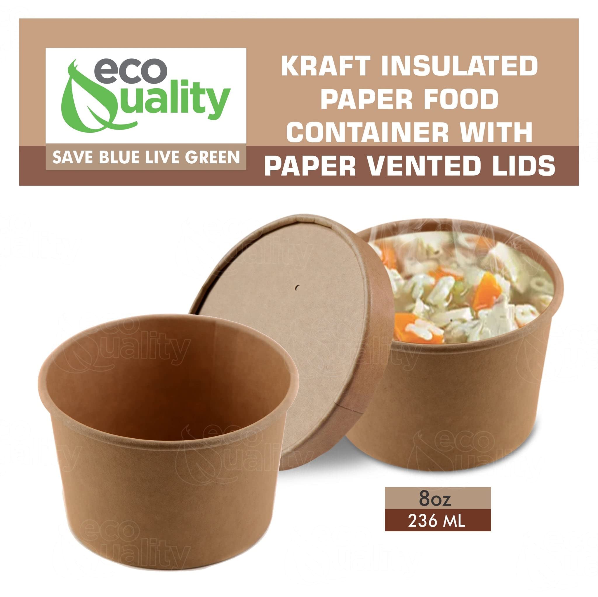 EcoQuality [100 Pack] 8 oz Disposable Kraft Paper Soup Containers with Vented Lids - Half Pint Ice Cream & Frozen Yogurt Cups | Microwave Safe, Takeout, Food Storage | Perfect for Restaurants, Cafes & Catering Events | Eco-Friendly & Recyclable