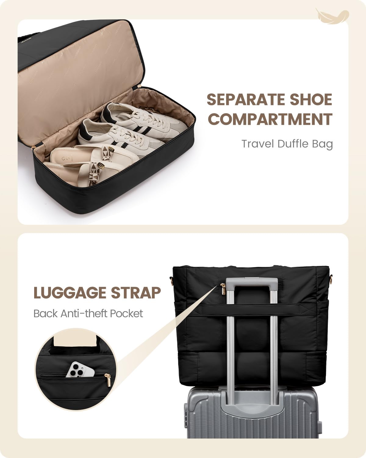 LOVEVOOK Puffer Weekender Duffle Bag for Women - Lightweight Travel Overnight Bag with Shoe Compartment, Carry-On Gym Tote & Hospital Bag | Perfect for Weekend Getaways, Gym Workouts & Business Trips