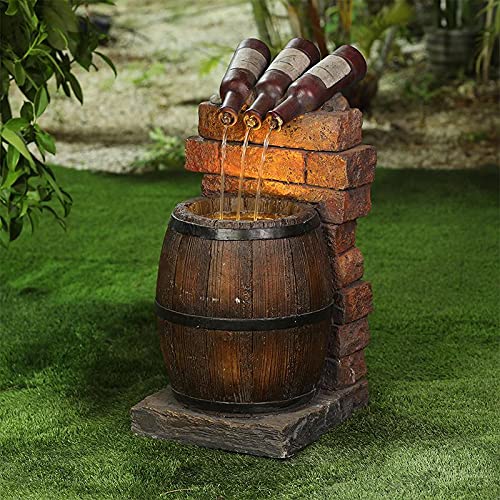Outdoor Resin Fountain Sculptures - Rustic Wine Barrel & Bottle Water Features for Garden, Yard & Patio Decor | Durable Weatherproof Outdoor Decor