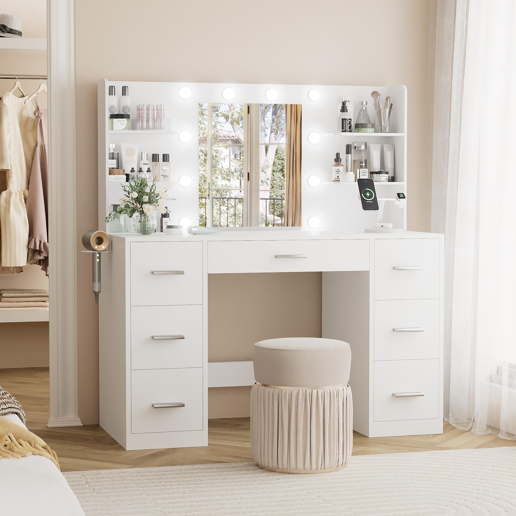 YESHOMY Vanity Desk with LED Lights & Power Outlet - 7-Drawer Makeup Dressing Table with Adjustable Mirror - 3 Color Lighting Modes (Pure White) for Bedroom, Home Beauty Station & Hollywood Glam Setup