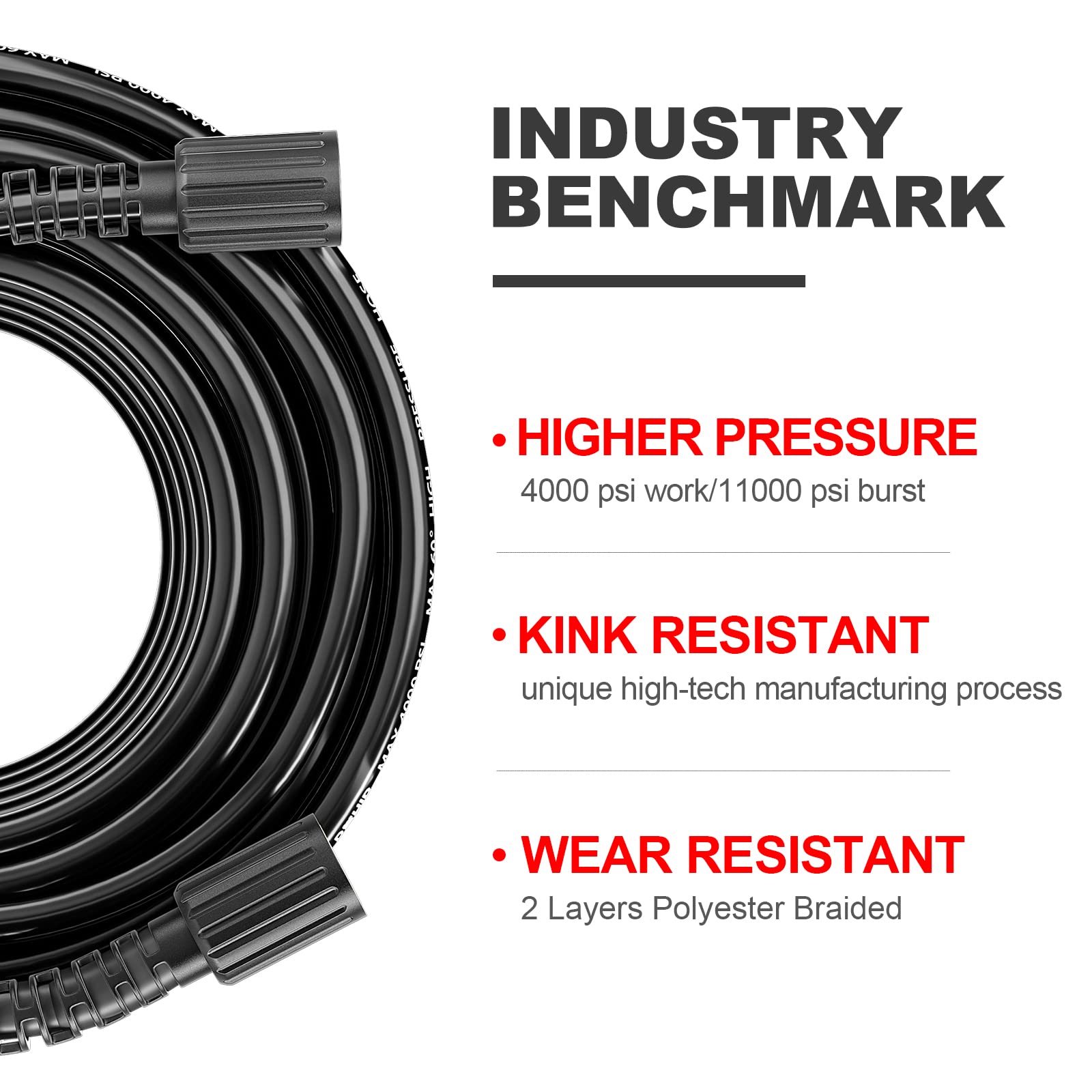 POHIR 100ft High Pressure Power Washer Hose with M22 Fittings - 4000 PSI Heavy Duty Metal Washer Hose (14mm, Black) for Deep Cleaning Driveways, Decks & Outdoor Surfaces