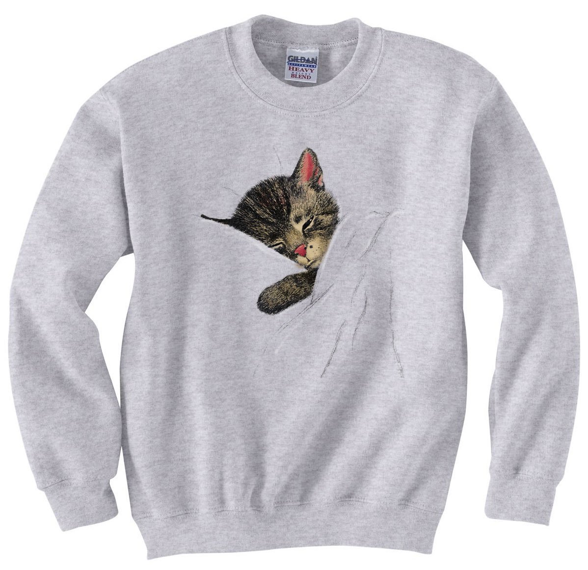 Cozy Adult Railroad Sweatshirt with Sleeping Kitten Design - Perfect for Nighttime Comfort & Casual Wear