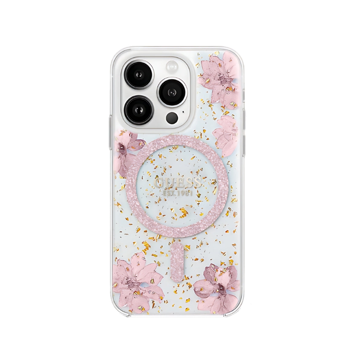 Guess Real Flowers & Glitter MagSafe Compatible iPhone 16 Case - Pink Floral Design for Women, Perfect for Everyday Use & Gift Giving
