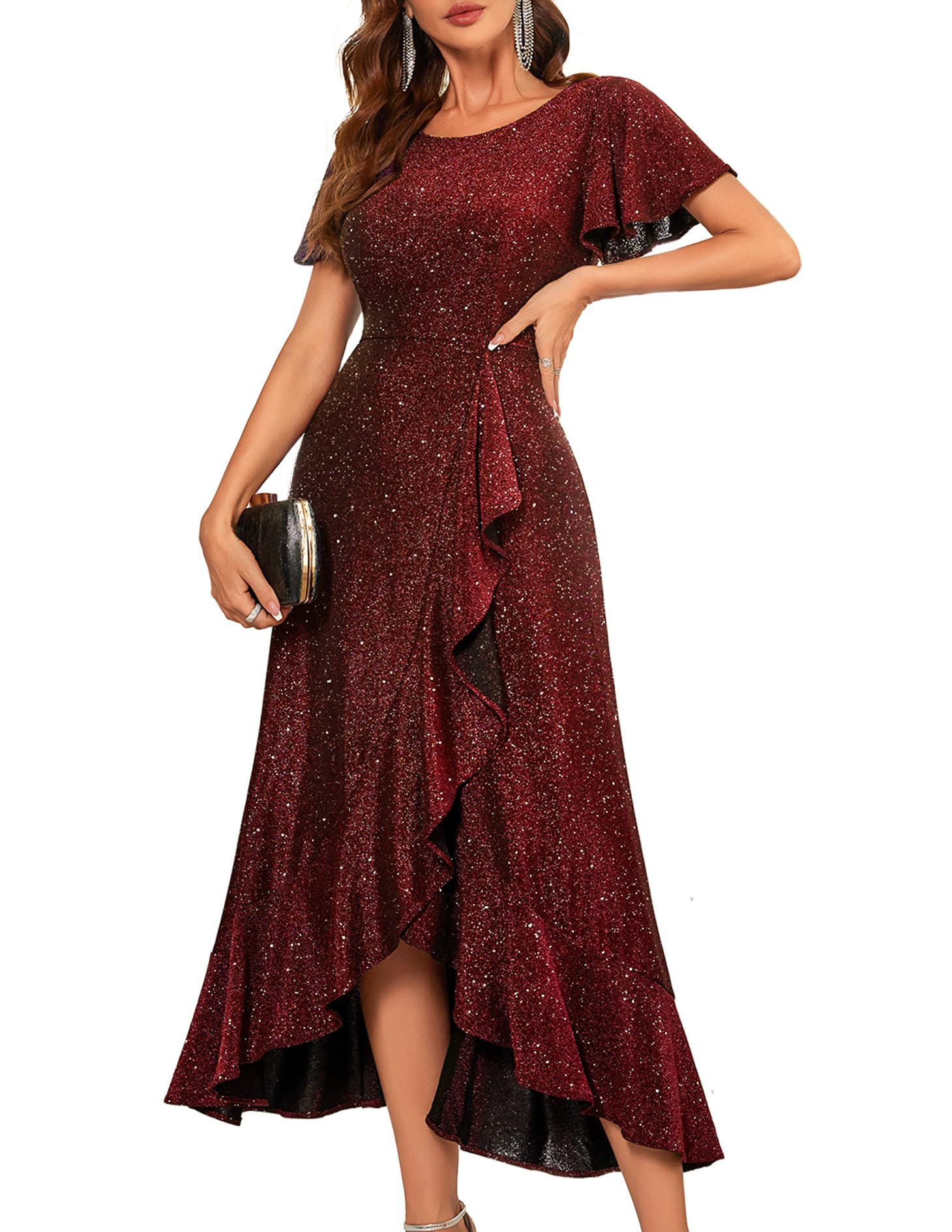 BeryLove Women's Sparkly Sequin Formal Party Dress with Flutter Short Sleeves - Elegant Wedding Guest & Cocktail Evening Gown for Prom, Gala, and Special Occasions