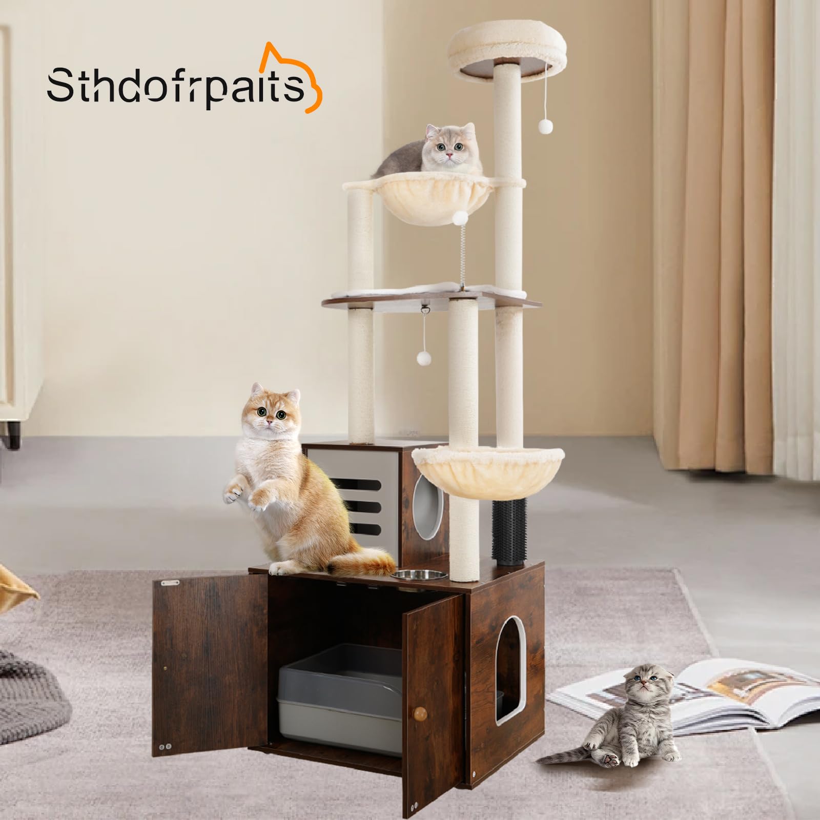72 Inch Tall Cat Tree with Hidden Litter Box - All-in-One Cat Climbing Tower with Scratching Posts, Perch, Platform & Food Station - Multi-Level Indoor Cat Furniture for Small Spaces - Perfect for Apartments & Homes with Multiple Cats