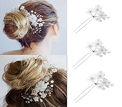 3PCS White Pearl Bridal Hair Pins for Wedding, Flower Hair Clips with Pearl Beads - Perfect for Bridal Hairstyles, Prom, and Special Occasions