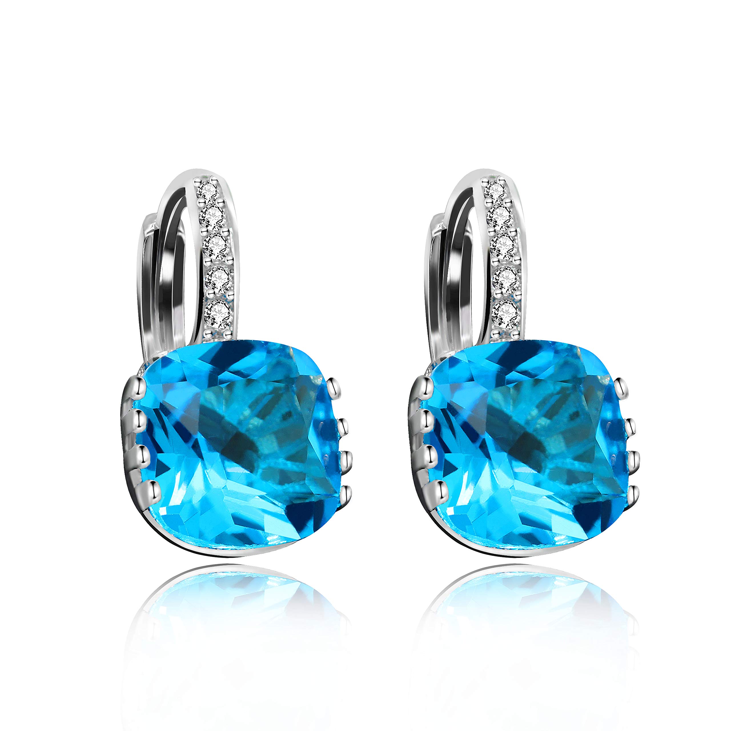 Luxury Platinum Plated Square Crystal Hoop Earrings for Women - Cushion Cut Cubic Zirconia Lever Back Stud Earrings DML115 | Elegant Gift for Anniversary, Wedding & Evening Party