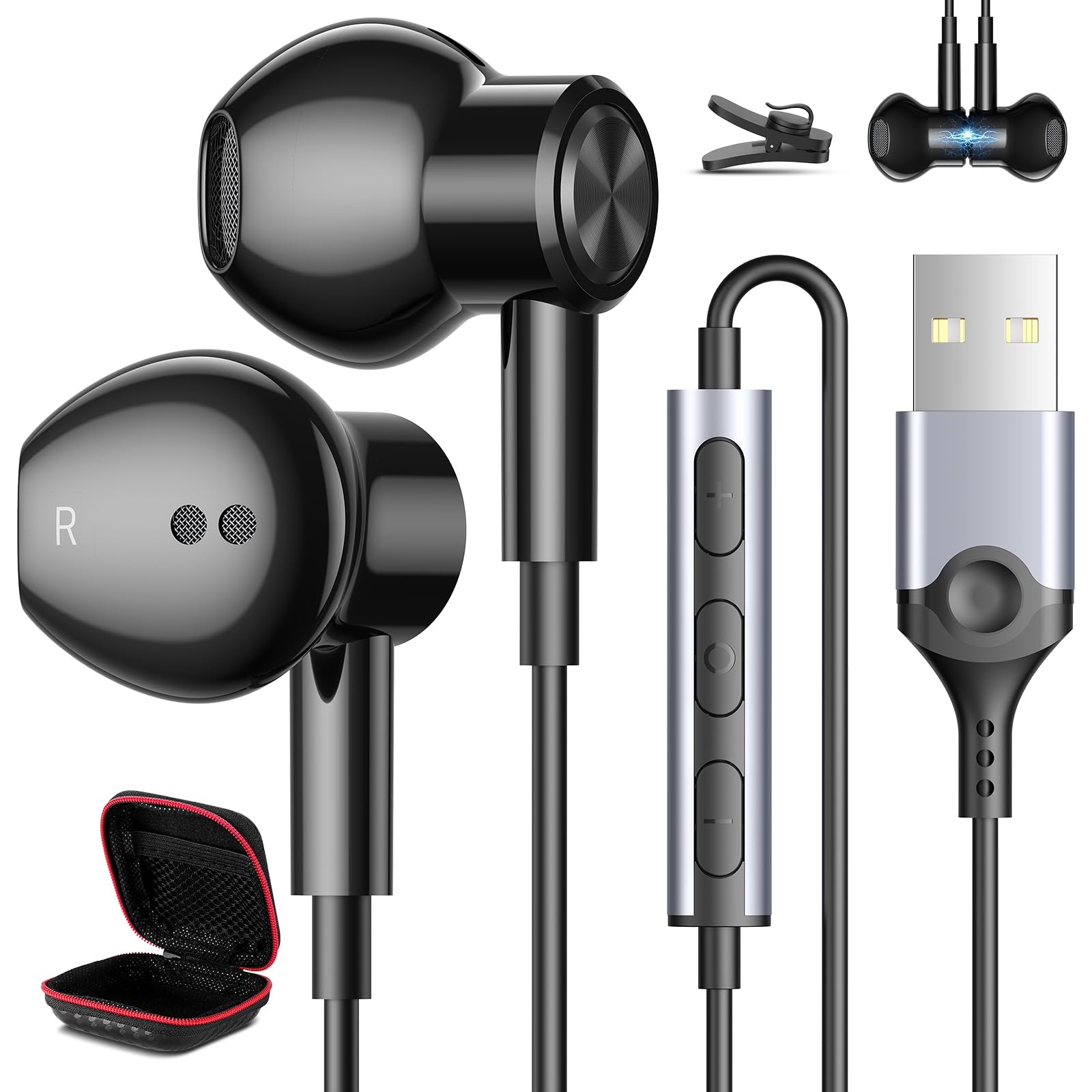 HGCXING USB Wired Headphones with Mic & Mute Control - 7.5ft Magnetic Noise Isolating Earbuds for PC, Laptop, MacBook Pro - Perfect for Office Work, School, Zoom Meetings & Gaming