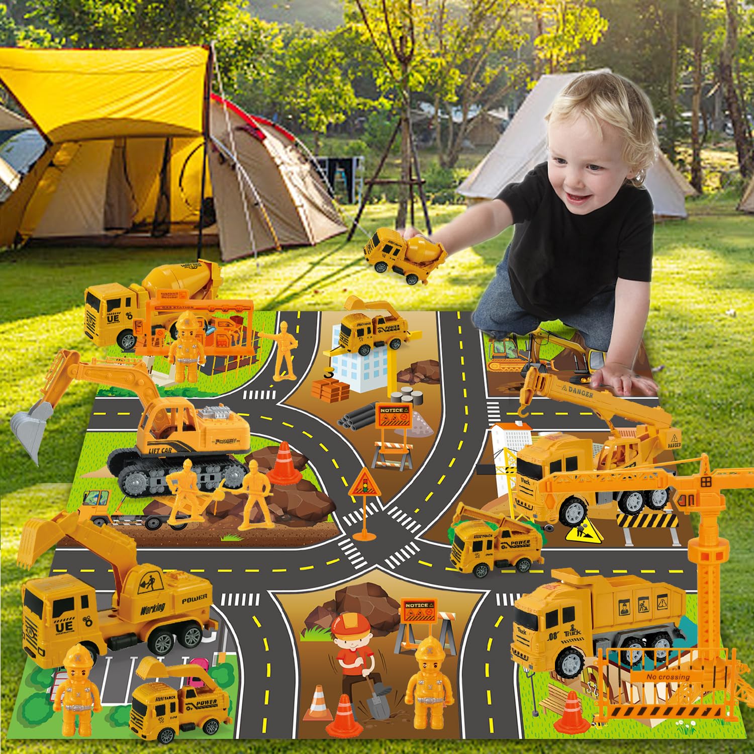 Construction Vehicle Toy Set with Play Mat - Dump Truck, Excavator, Cement Mixer, Crane & Road Signs - Educational Engineering Vehicles for Kids Ages 3-6 - Perfect for Pretend Play, Birthday Gifts & Learning Activities