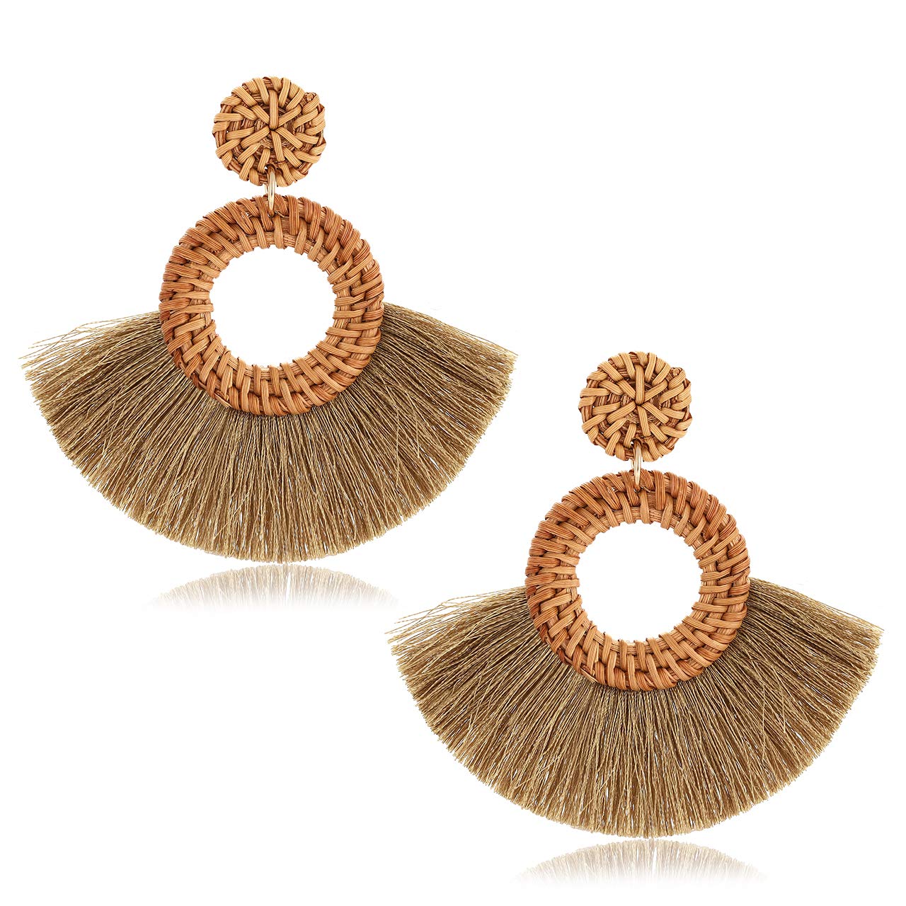Bohemian Rattan Earrings for Women - Handmade Woven Straw Drop Hoop Earrings with Tassel | Lightweight Statement Jewelry for Summer, Beach, and Festival Outfits